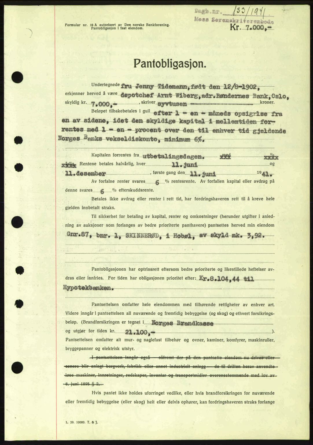 Moss sorenskriveri, SAO/A-10168: Pantebok nr. B10, 1940-1941, Dagboknr: 133/1941