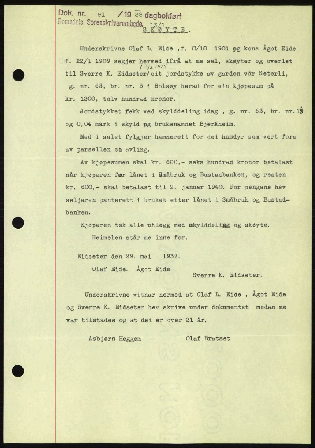 Romsdal sorenskriveri, SAT/A-4149/1/2/2C: Pantebok nr. A4, 1937-1938, Dagboknr: 61/1938
