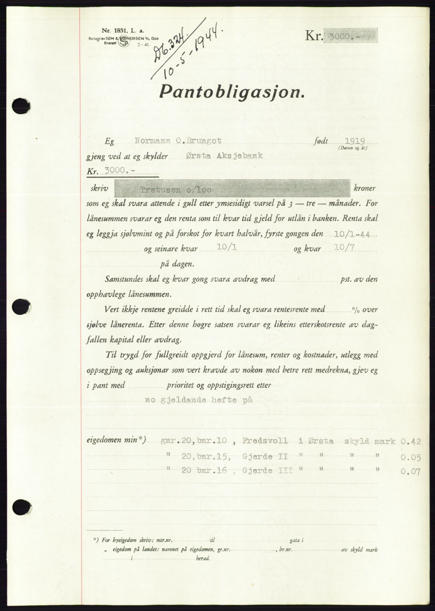 Søre Sunnmøre sorenskriveri, AV/SAT-A-4122/1/2/2C/L0114: Pantebok nr. 1-2B, 1943-1947, Dagboknr: 324/1944