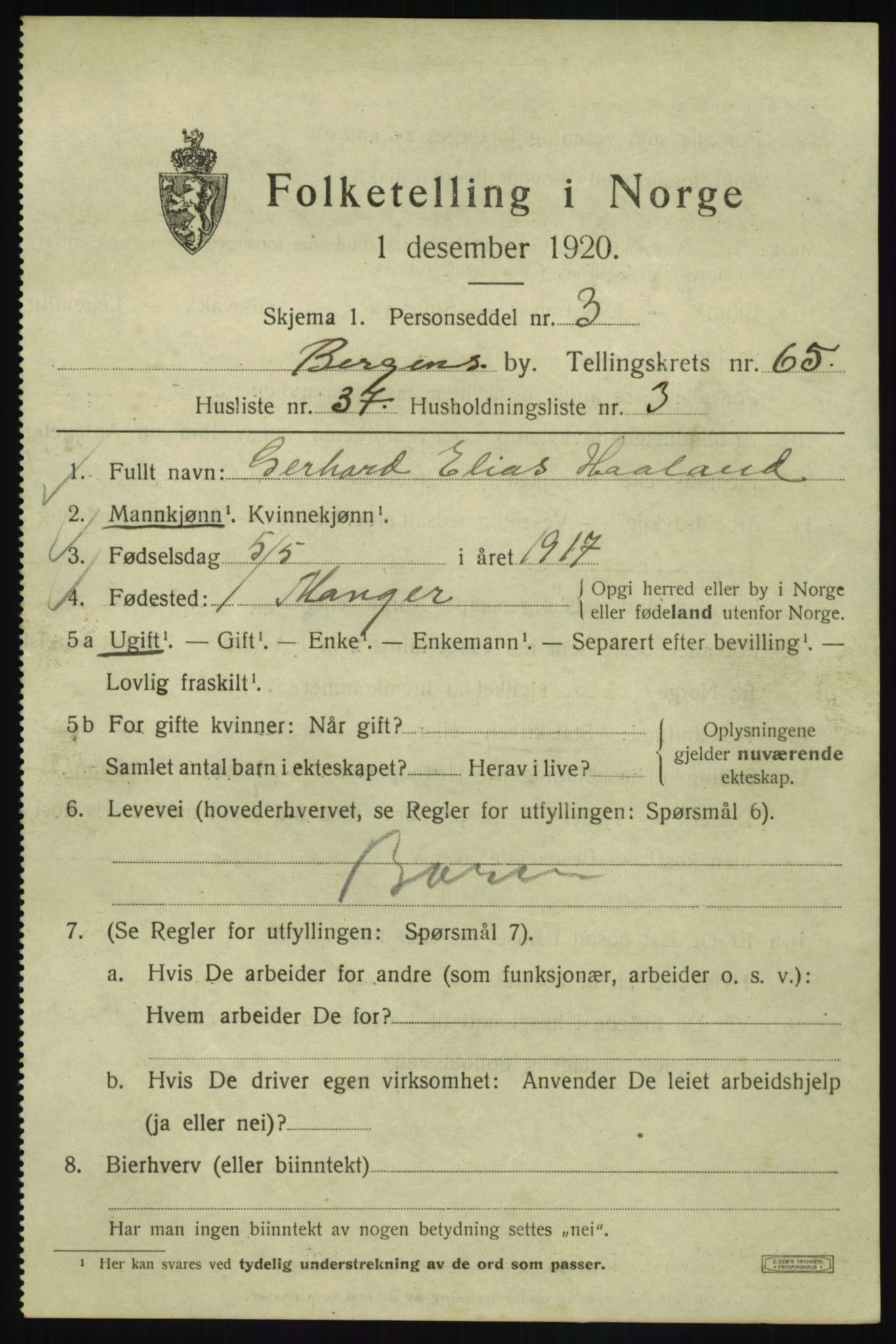 SAB, Folketelling 1920 for 1301 Bergen kjøpstad, 1920, s. 134263