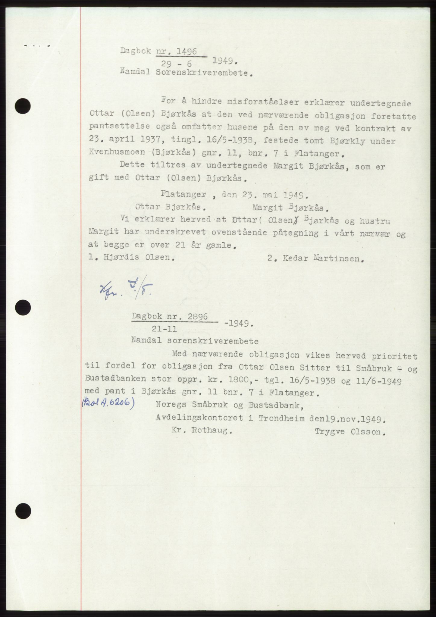 Namdal sorenskriveri, SAT/A-4133/1/2/2C: Pantebok nr. -, 1949-1949, Dagboknr: 1496/1949