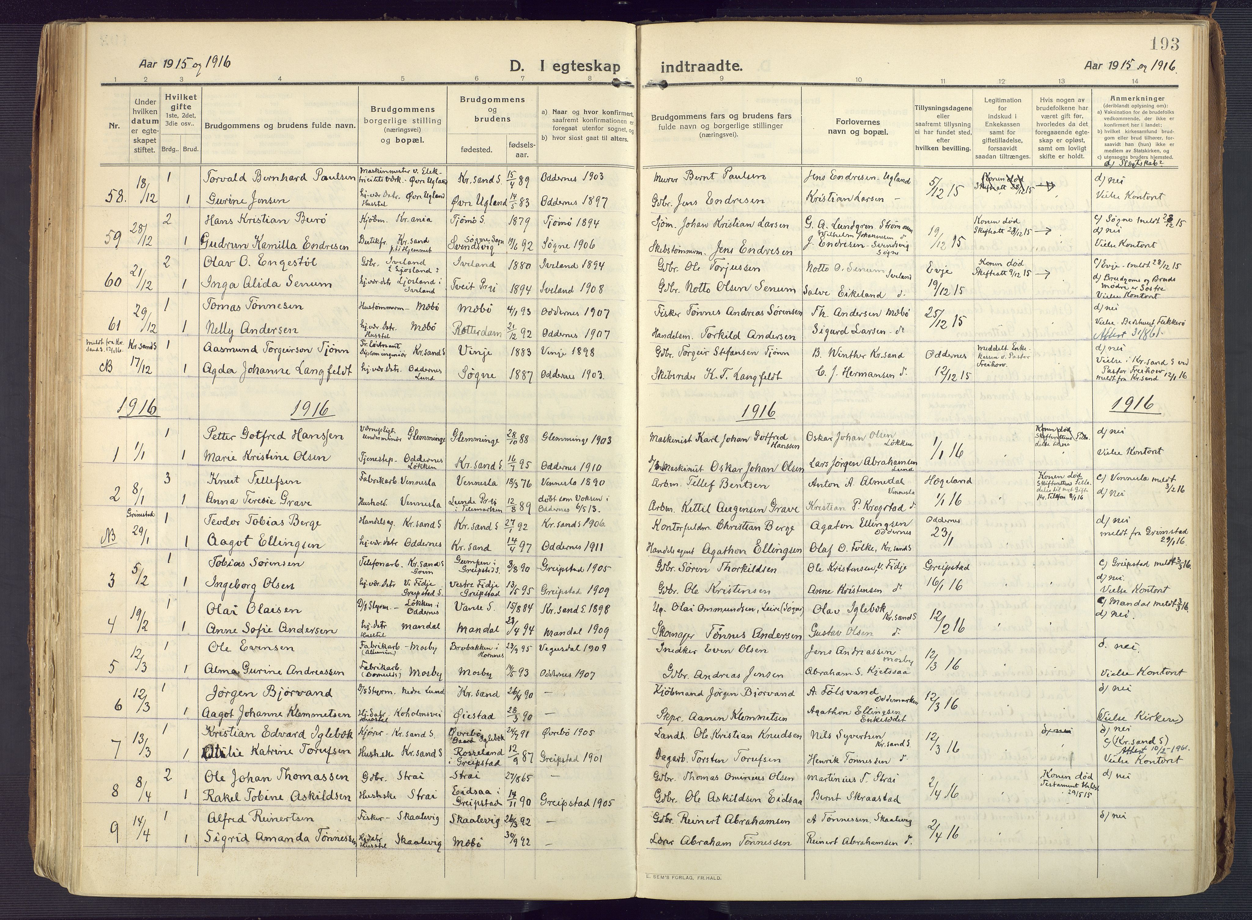 Oddernes sokneprestkontor, SAK/1111-0033/F/Fa/Faa/L0012: Ministerialbok nr. A 12, 1912-1925, s. 193