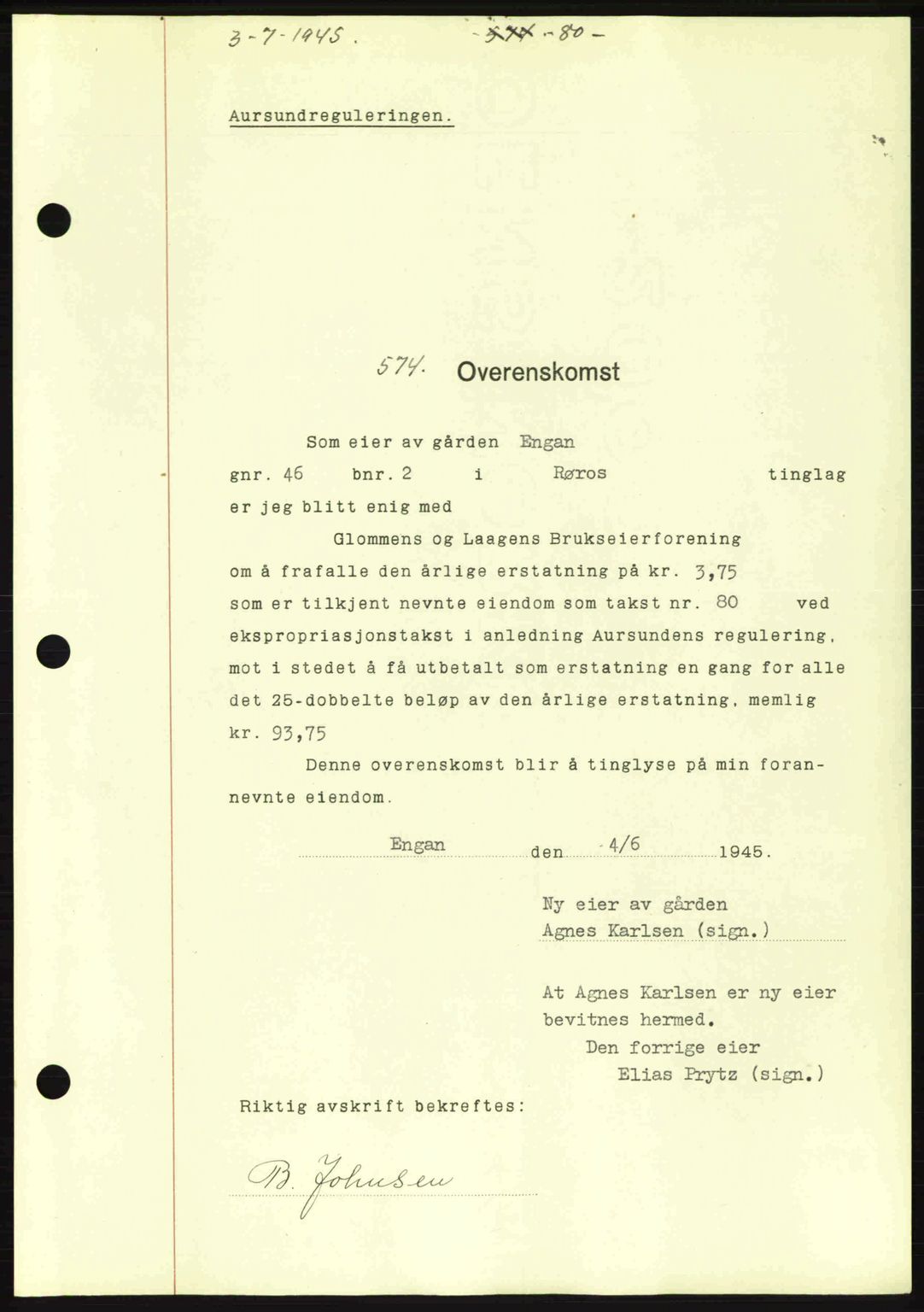 Gauldal sorenskriveri, SAT/A-0014/1/2/2C: Pantebok nr. A1a, 1945-1945, Dagboknr: 574/1945