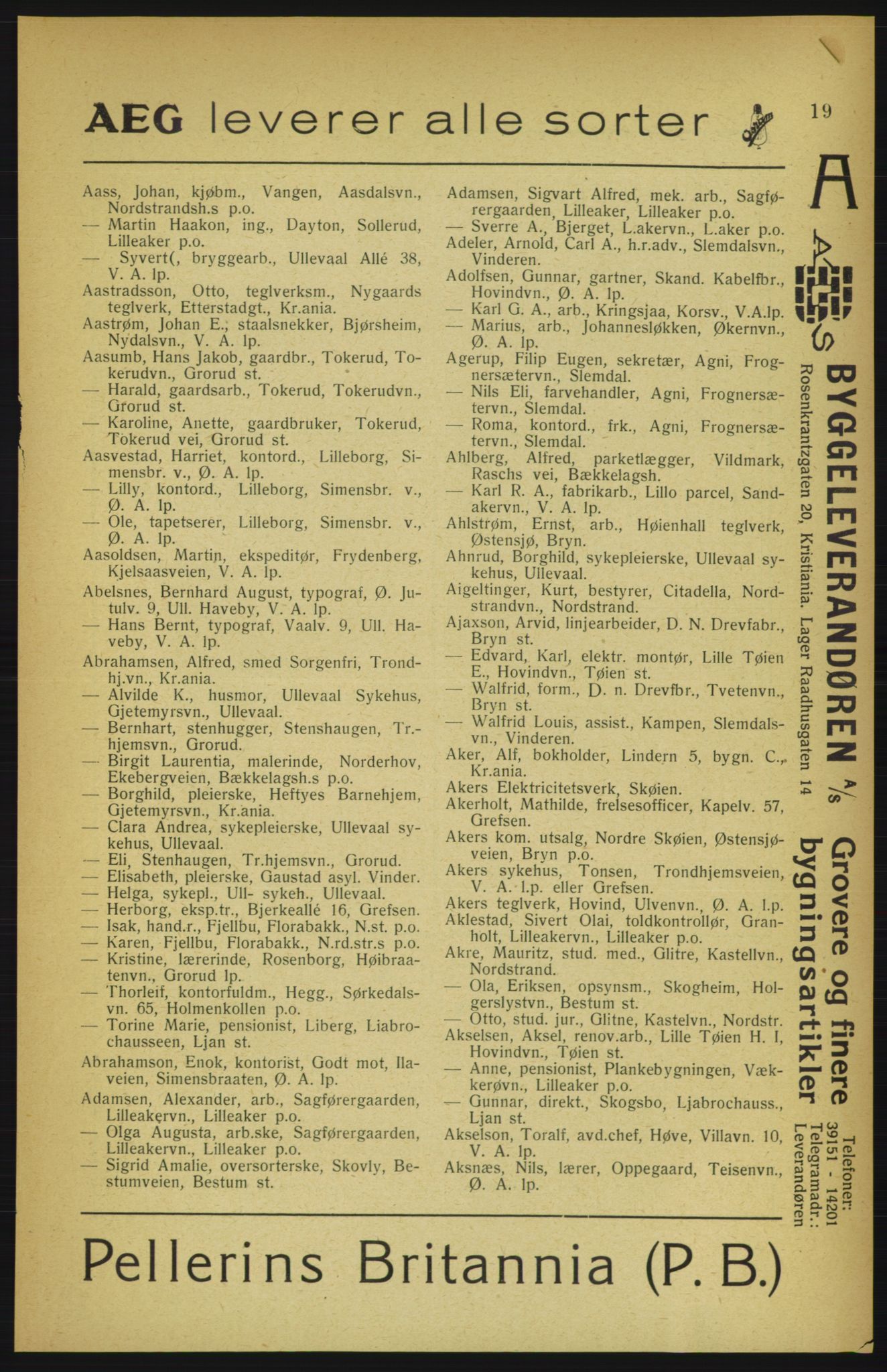 Aker adressebok/adressekalender, PUBL/001/A/002: Akers adressekalender, 1922, s. 19