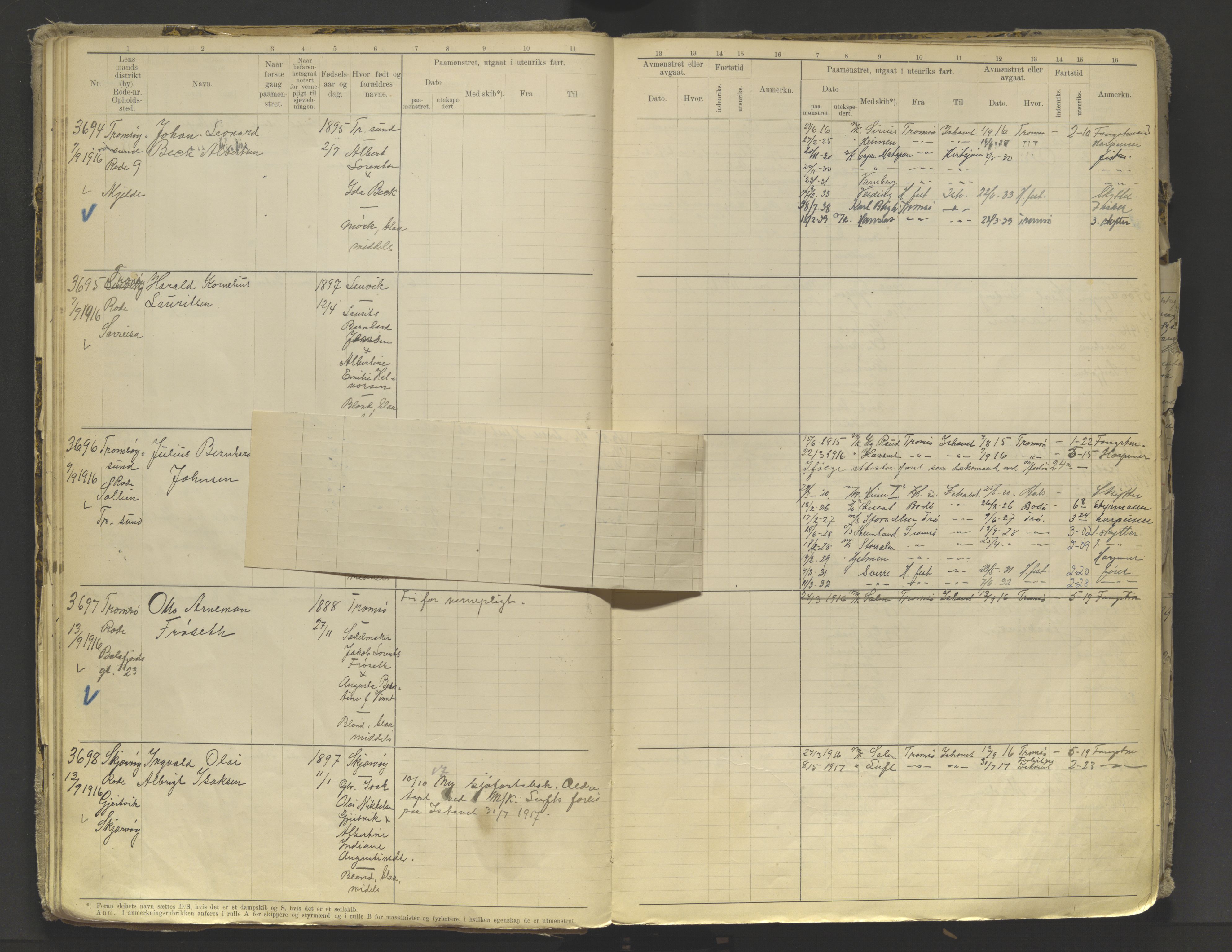 Tromsø sjømannskontor/innrullerings-/mønstringsdistrikt, AV/SATØ-S-0243/F/Fb/L0010: Annotasjonsrulle. Defekt: løs innbinding. Nr. 3519-4972, 1916-1920