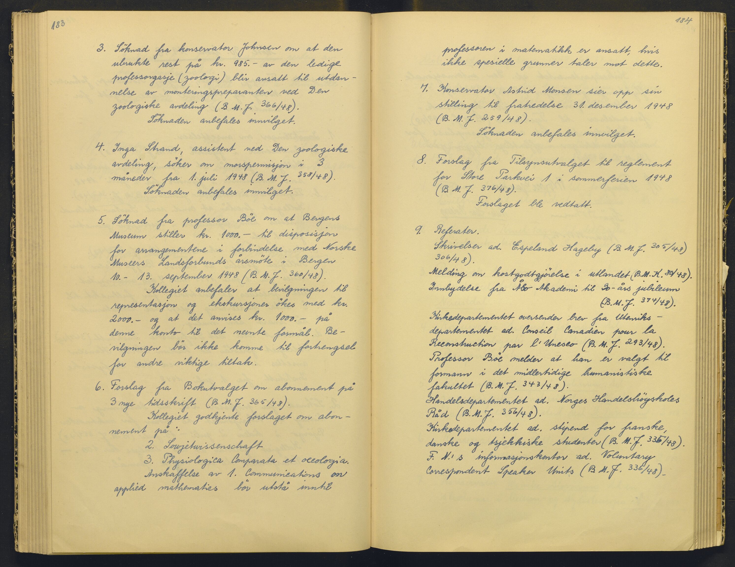 Bergens Museum, AV/SAB-A-17301/18/A/L0004: Professorkollegiets møtebok med register , 1945-1949, s. 183-184