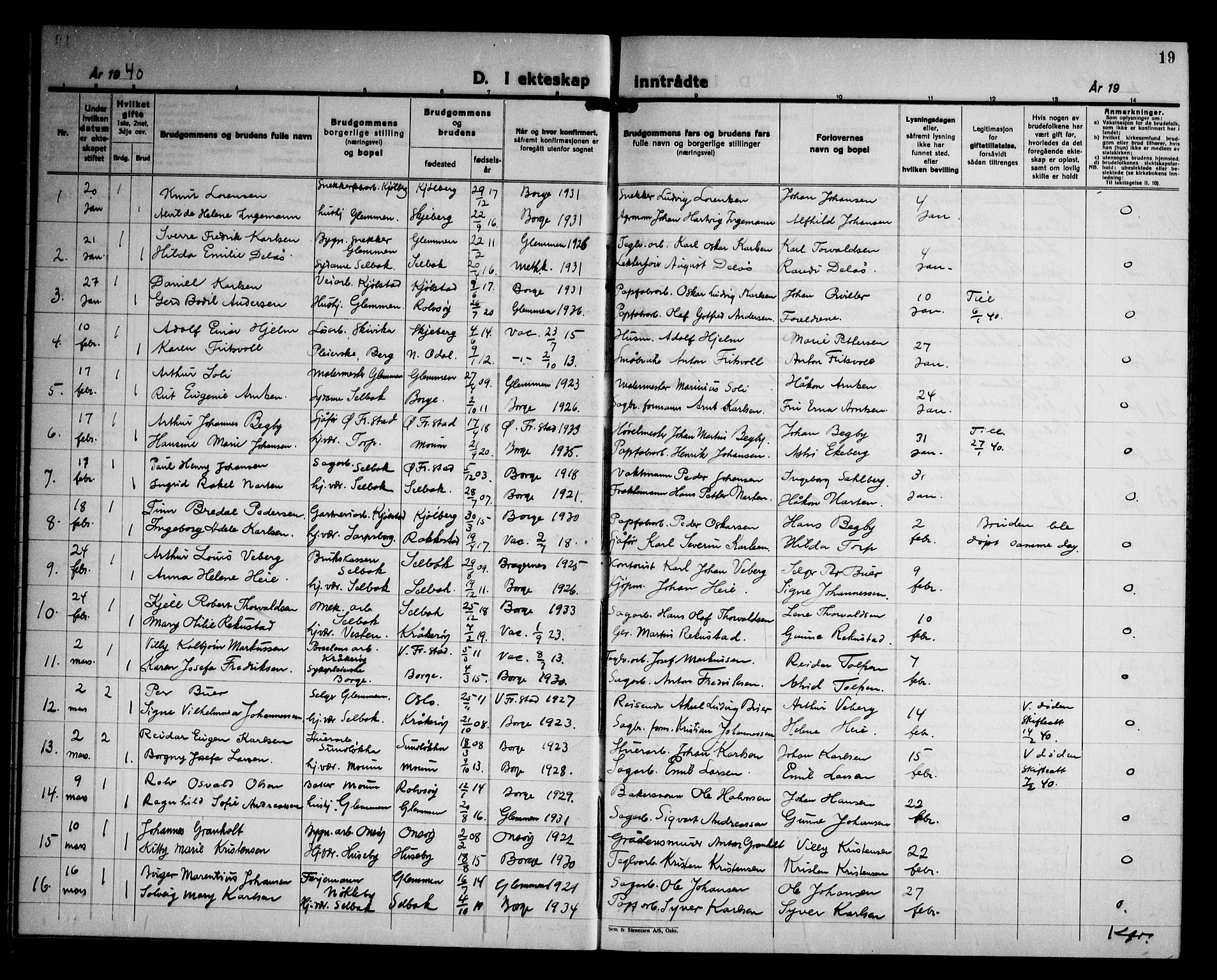 Borge prestekontor Kirkebøker, AV/SAO-A-10903/G/Ga/L0006: Klokkerbok nr. I 6, 1936-1950, s. 19