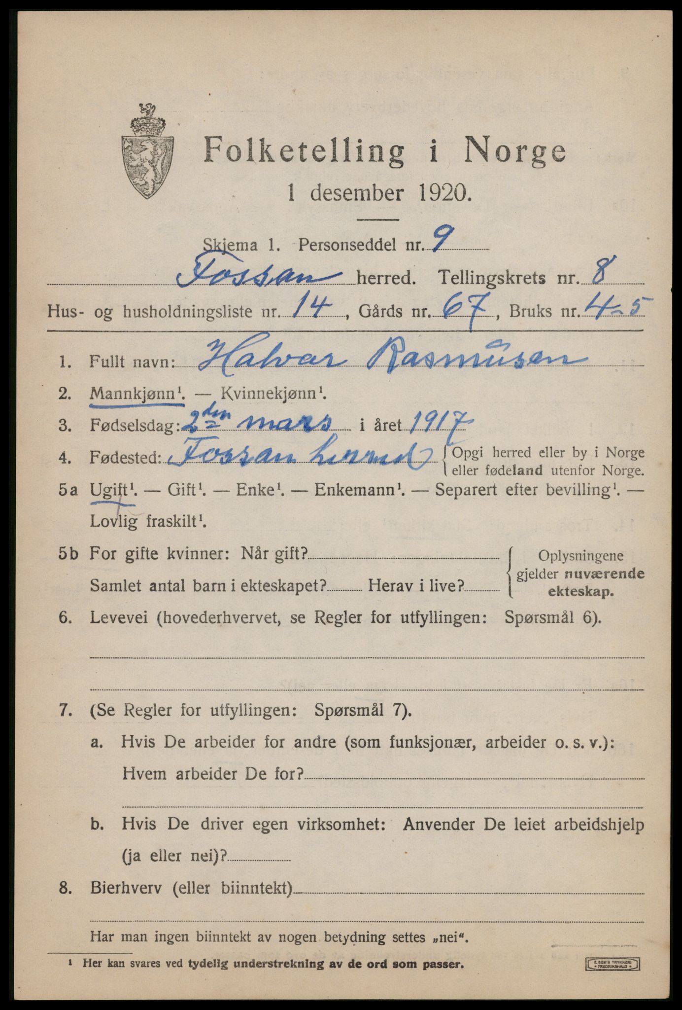 SAST, Folketelling 1920 for 1129 Forsand herred, 1920, s. 3931