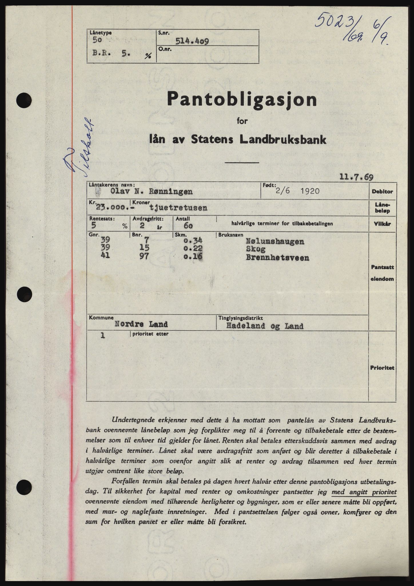 Hadeland og Land tingrett, SAH/TING-010/H/Hb/Hbc/L0074: Pantebok nr. B74, 1969-1969, Dagboknr: 5023/1969