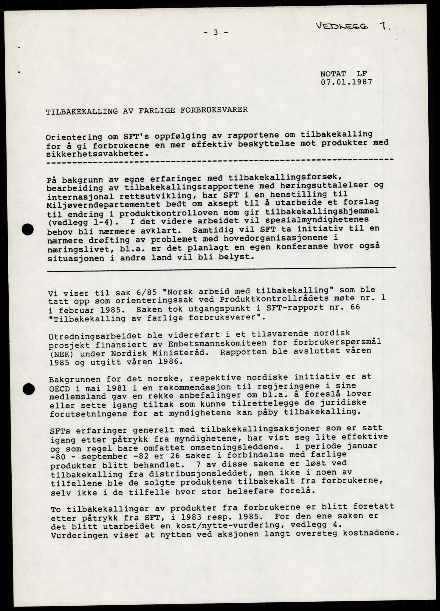 Statens forurensningstilsyn, hovedkontoret, AV/RA-S-4136/1/A/Ab/L0013: Produktkontrollrådet - Innkalling og referater, 1987