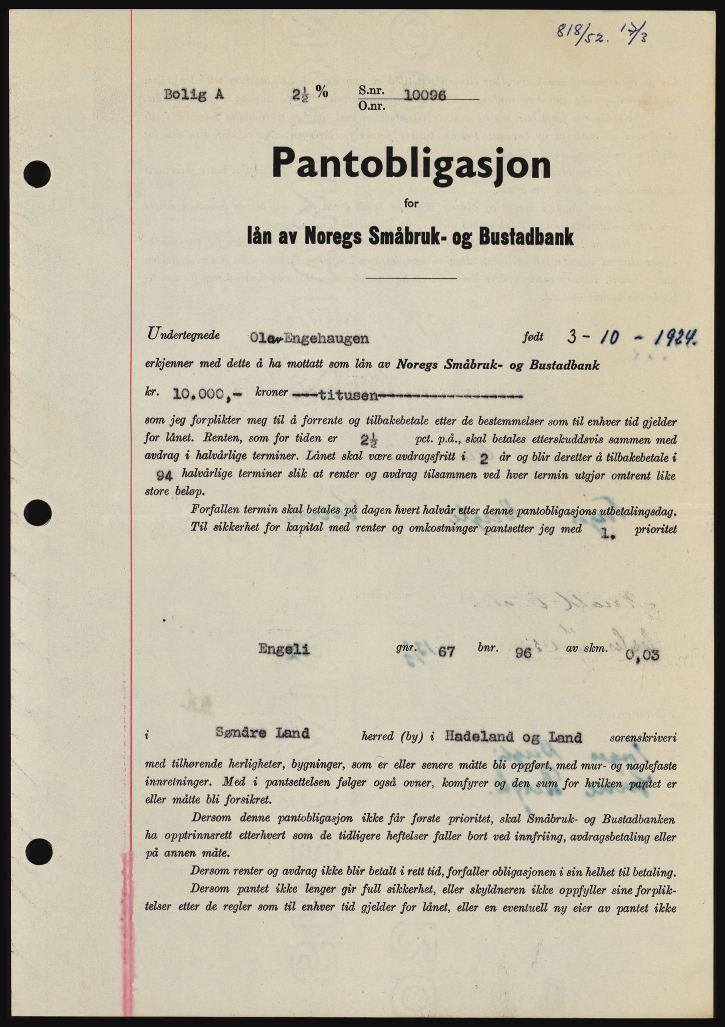 Hadeland og Land tingrett, SAH/TING-010/H/Hb/Hbc/L0023: Pantebok nr. B23, 1952-1952, Dagboknr: 818/1952