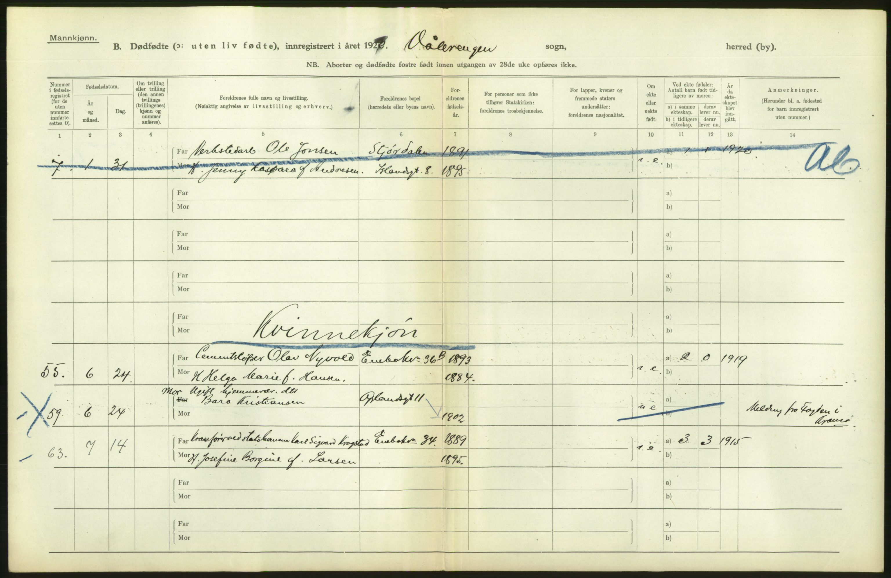 Statistisk sentralbyrå, Sosiodemografiske emner, Befolkning, RA/S-2228/D/Df/Dfc/Dfcb/L0010: Kristiania: Døde, dødfødte, 1922, s. 58