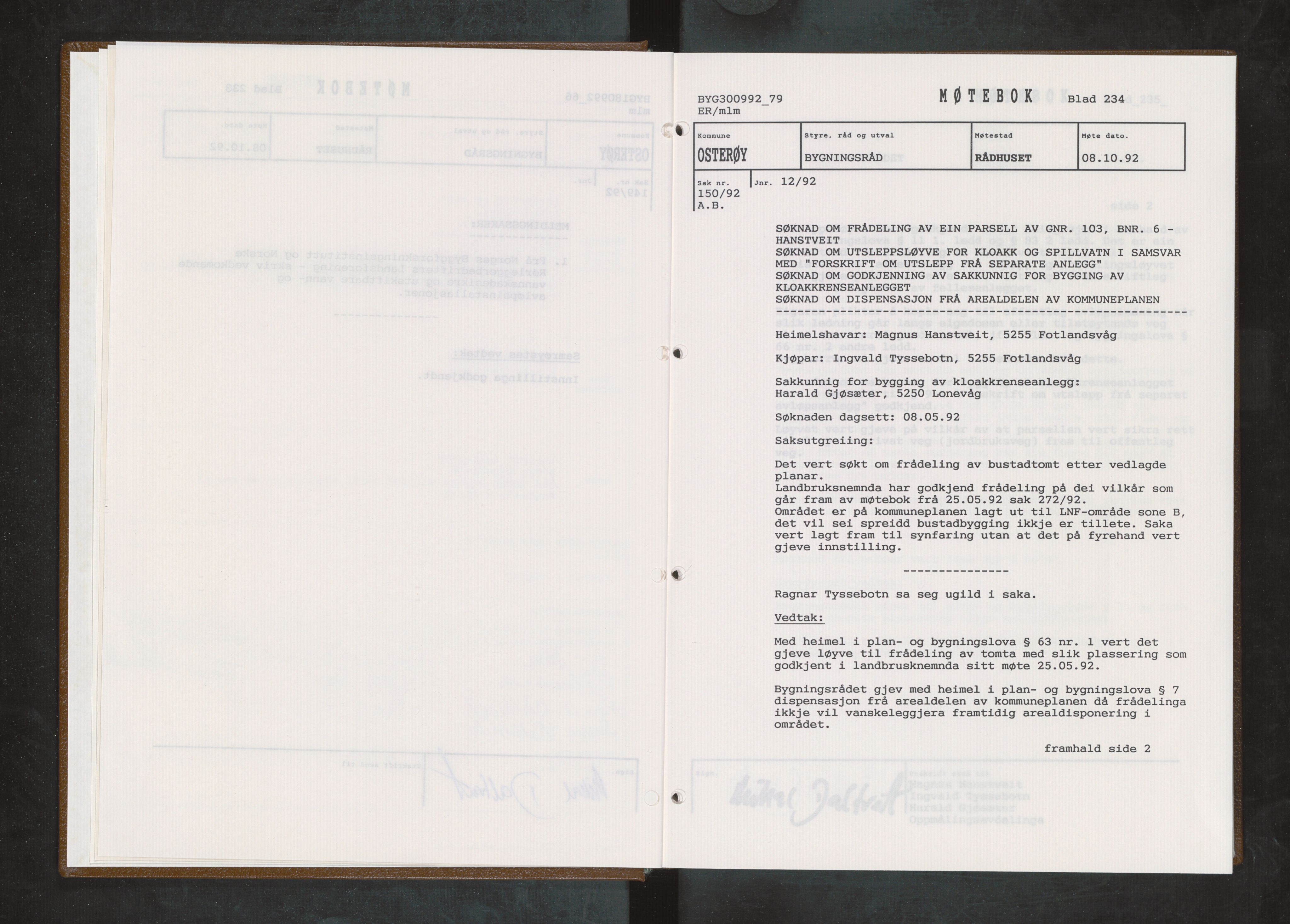 Osterøy kommune. Bygningsrådet, IKAH/1253b-511/A/Aa/L0027: Møtebok Osterøy bygningsråd, 1992