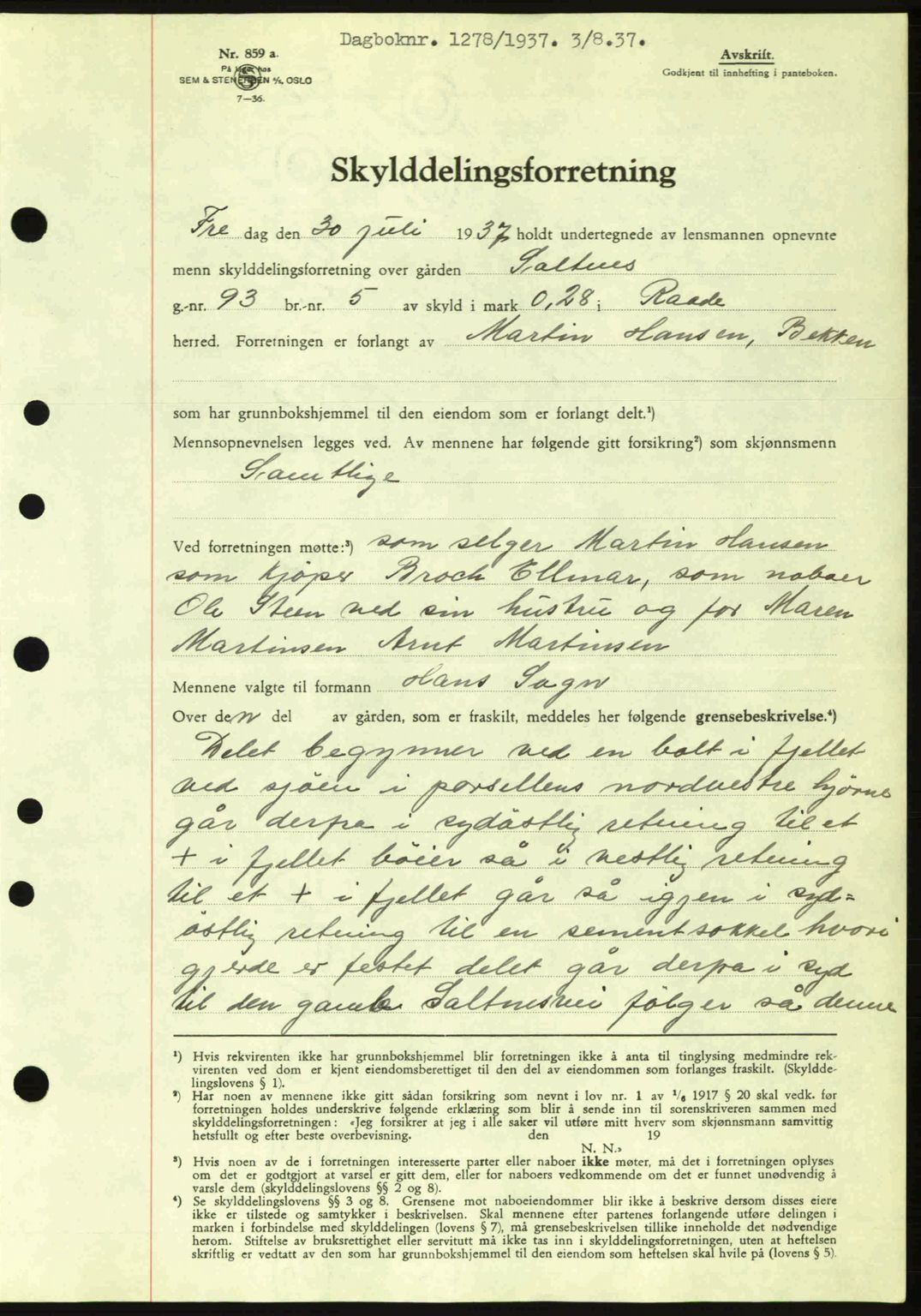 Moss sorenskriveri, SAO/A-10168: Pantebok nr. A3, 1937-1938, Dagboknr: 1278/1937