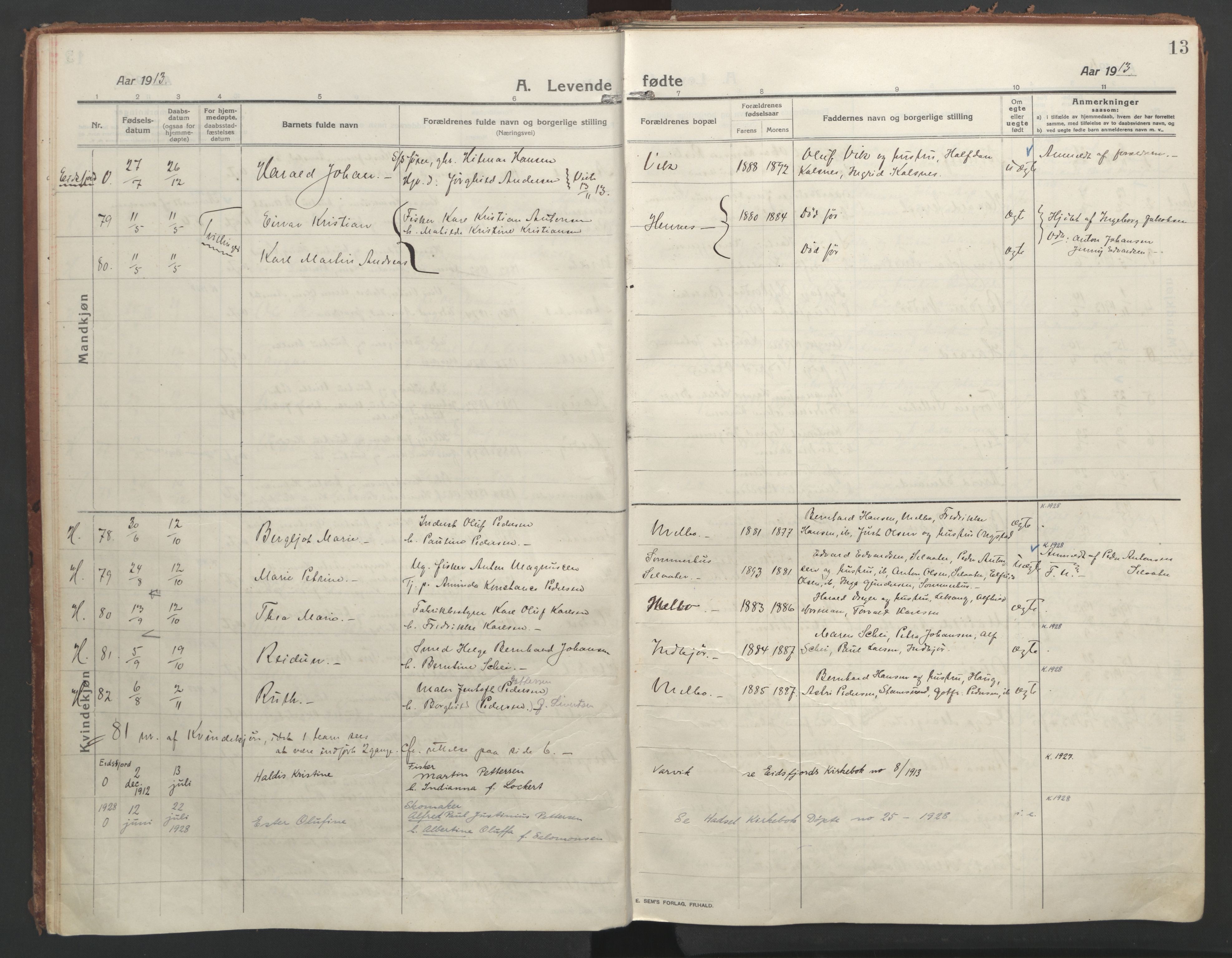 Ministerialprotokoller, klokkerbøker og fødselsregistre - Nordland, AV/SAT-A-1459/888/L1250: Ministerialbok nr. 888A16, 1913-1925, s. 13