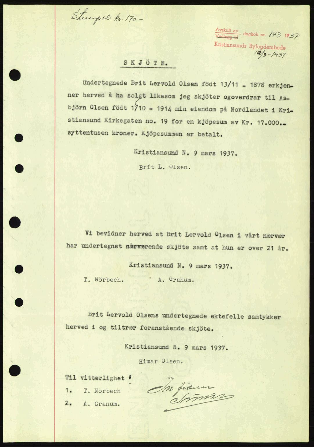 Kristiansund byfogd, AV/SAT-A-4587/A/27: Pantebok nr. 30, 1936-1941, Dagboknr: 143/1937