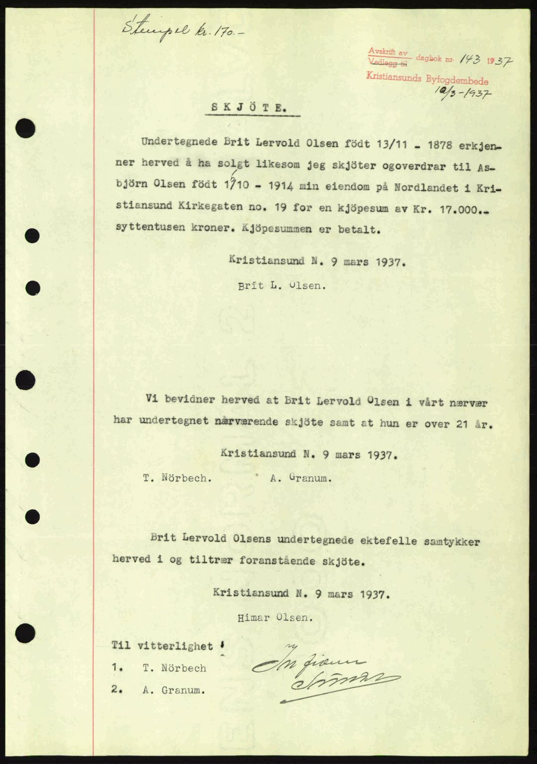 Kristiansund byfogd, SAT/A-4587/A/27: Pantebok nr. 30, 1936-1941, Dagboknr: 143/1937