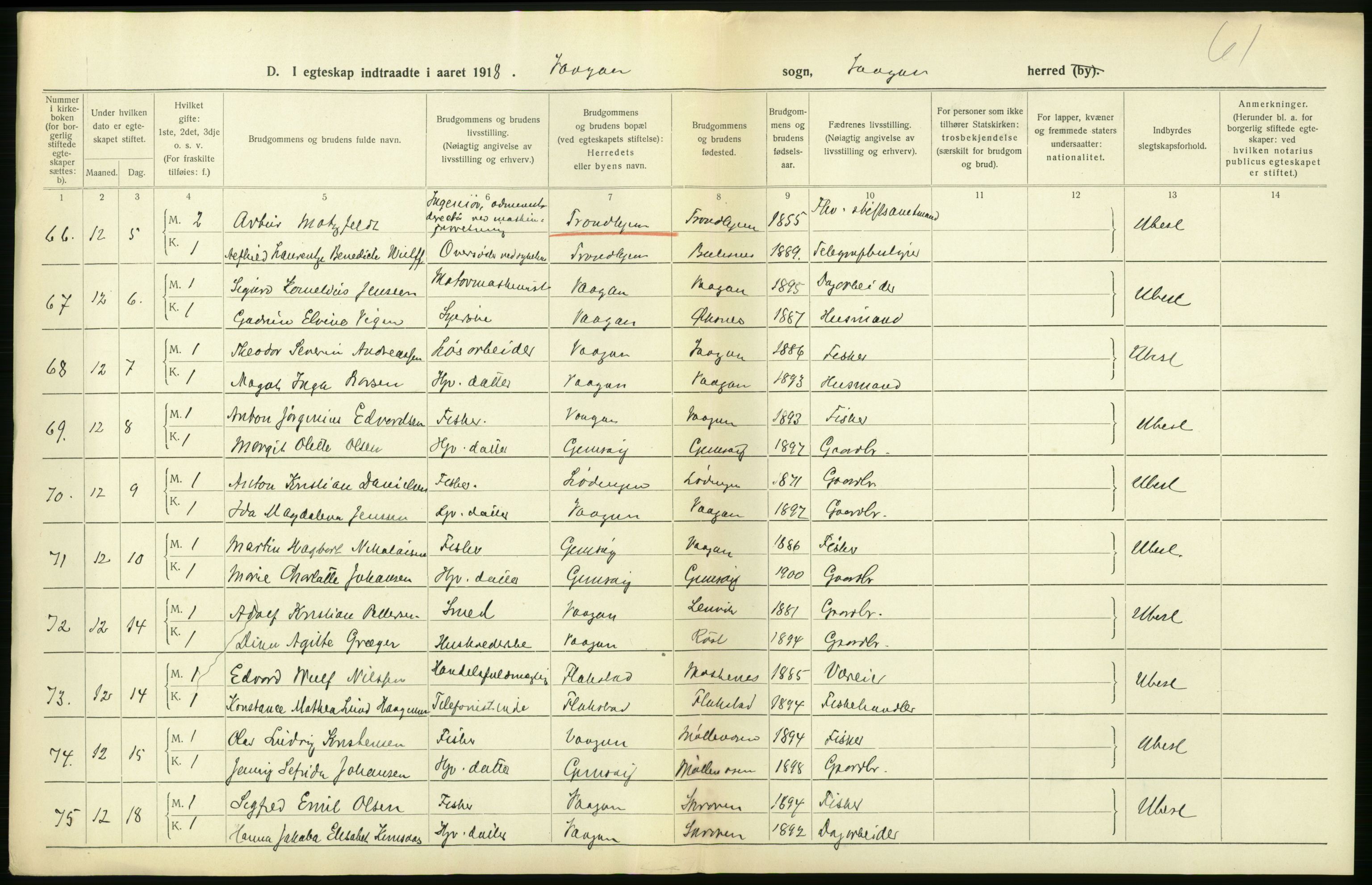 Statistisk sentralbyrå, Sosiodemografiske emner, Befolkning, RA/S-2228/D/Df/Dfb/Dfbh/L0054: Nordland fylke: Gifte, dødfødte. Bygder og byer., 1918, s. 232