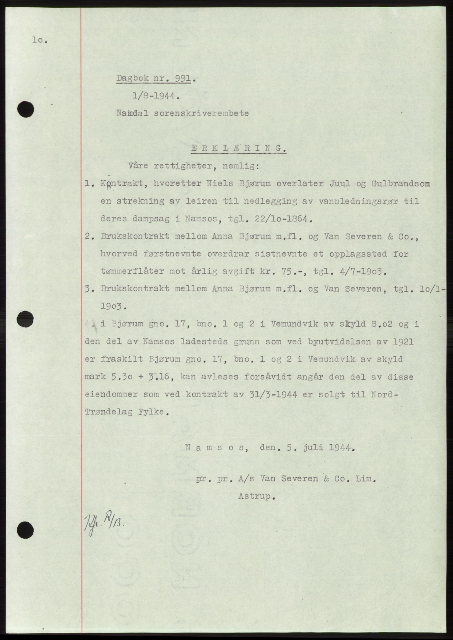 Namdal sorenskriveri, SAT/A-4133/1/2/2C: Pantebok nr. -, 1944-1945, Dagboknr: 991/1944