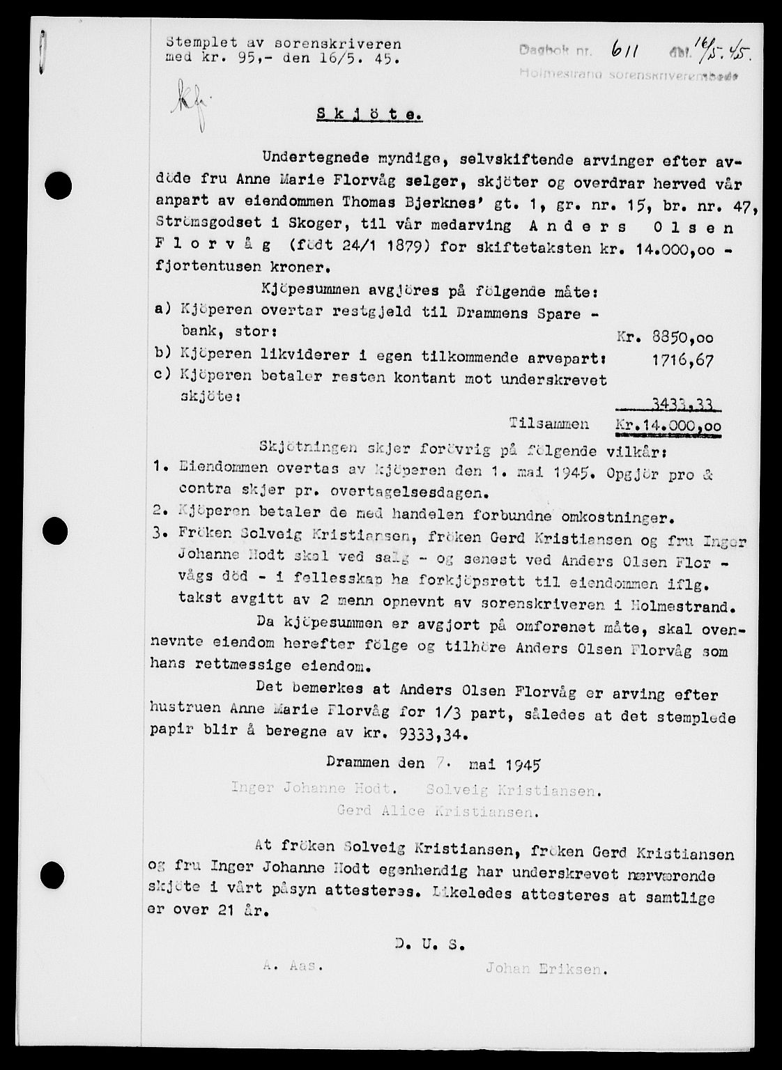 Holmestrand sorenskriveri, SAKO/A-67/G/Ga/Gaa/L0059: Pantebok nr. A-59, 1945-1946, Dagboknr: 611/1945
