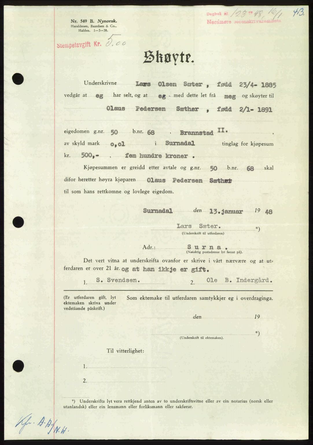Nordmøre sorenskriveri, SAT/A-4132/1/2/2Ca: Pantebok nr. A107, 1947-1948, Dagboknr: 123/1948