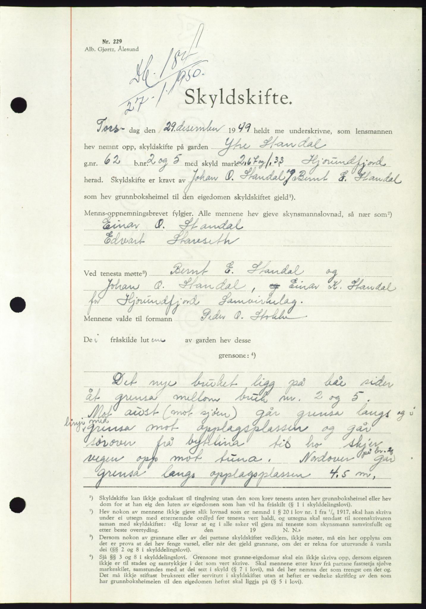 Søre Sunnmøre sorenskriveri, AV/SAT-A-4122/1/2/2C/L0086: Pantebok nr. 12A, 1949-1950, Dagboknr: 184/1950