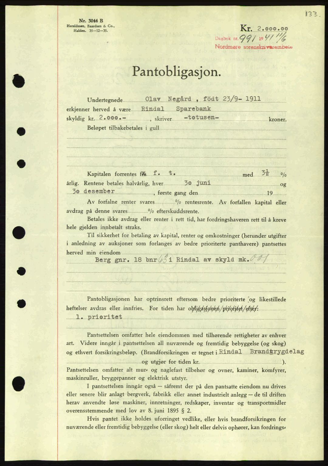 Nordmøre sorenskriveri, SAT/A-4132/1/2/2Ca: Pantebok nr. B88, 1941-1942, Dagboknr: 991/1941
