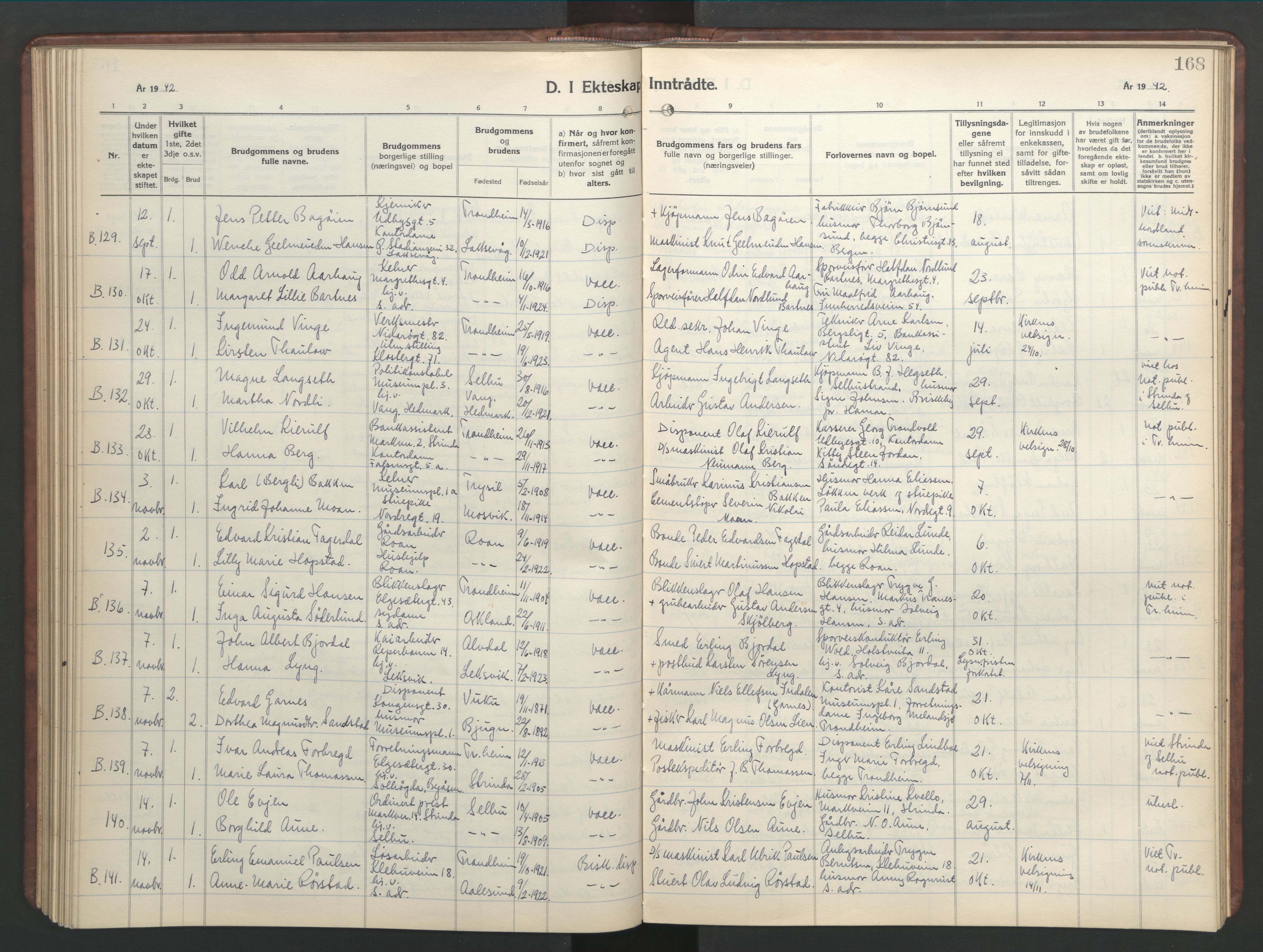 Ministerialprotokoller, klokkerbøker og fødselsregistre - Sør-Trøndelag, AV/SAT-A-1456/601/L0101: Klokkerbok nr. 601C19, 1935-1946, s. 168