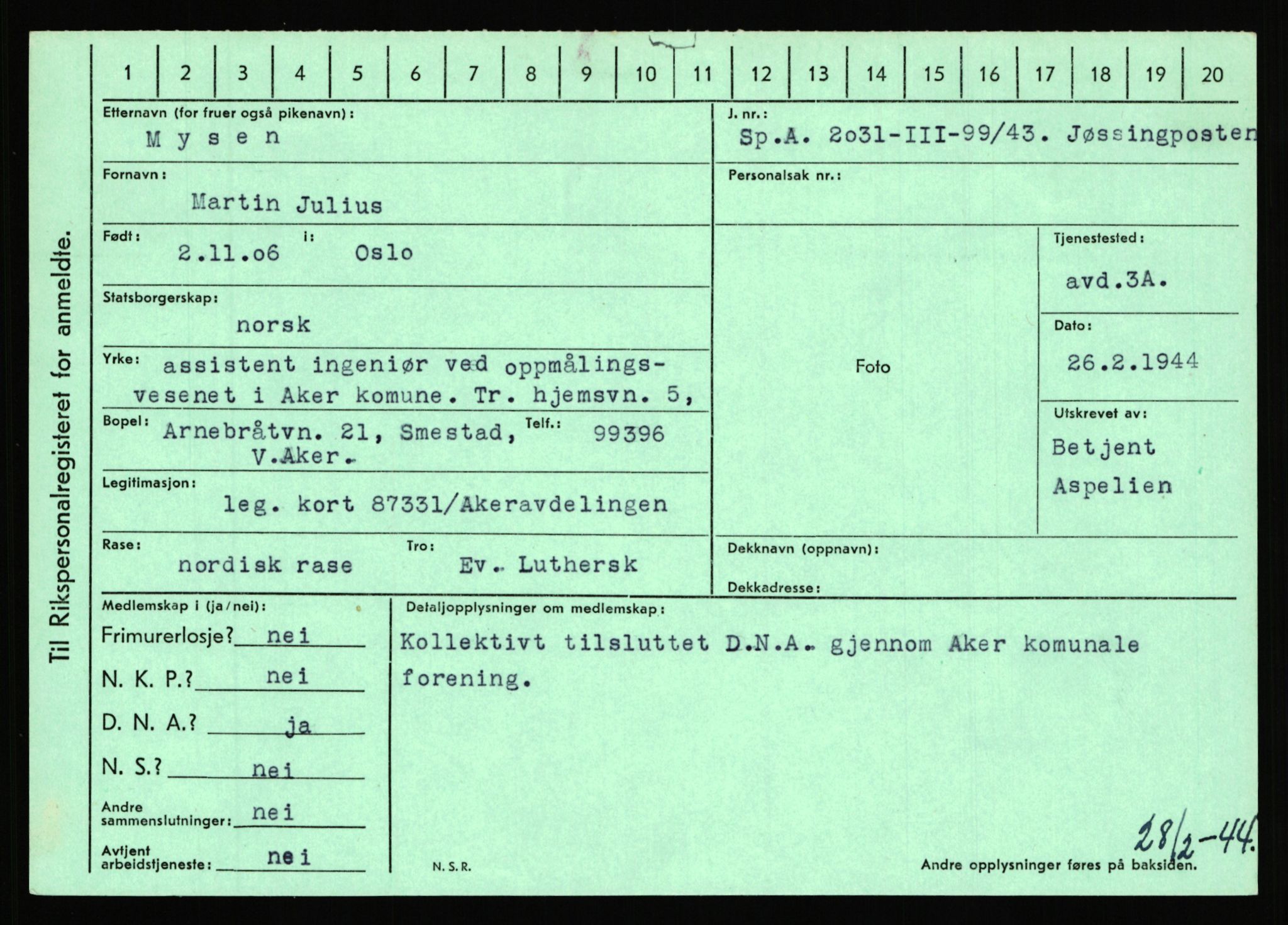 Statspolitiet - Hovedkontoret / Osloavdelingen, AV/RA-S-1329/C/Ca/L0011: Molberg - Nøstvold, 1943-1945, s. 855