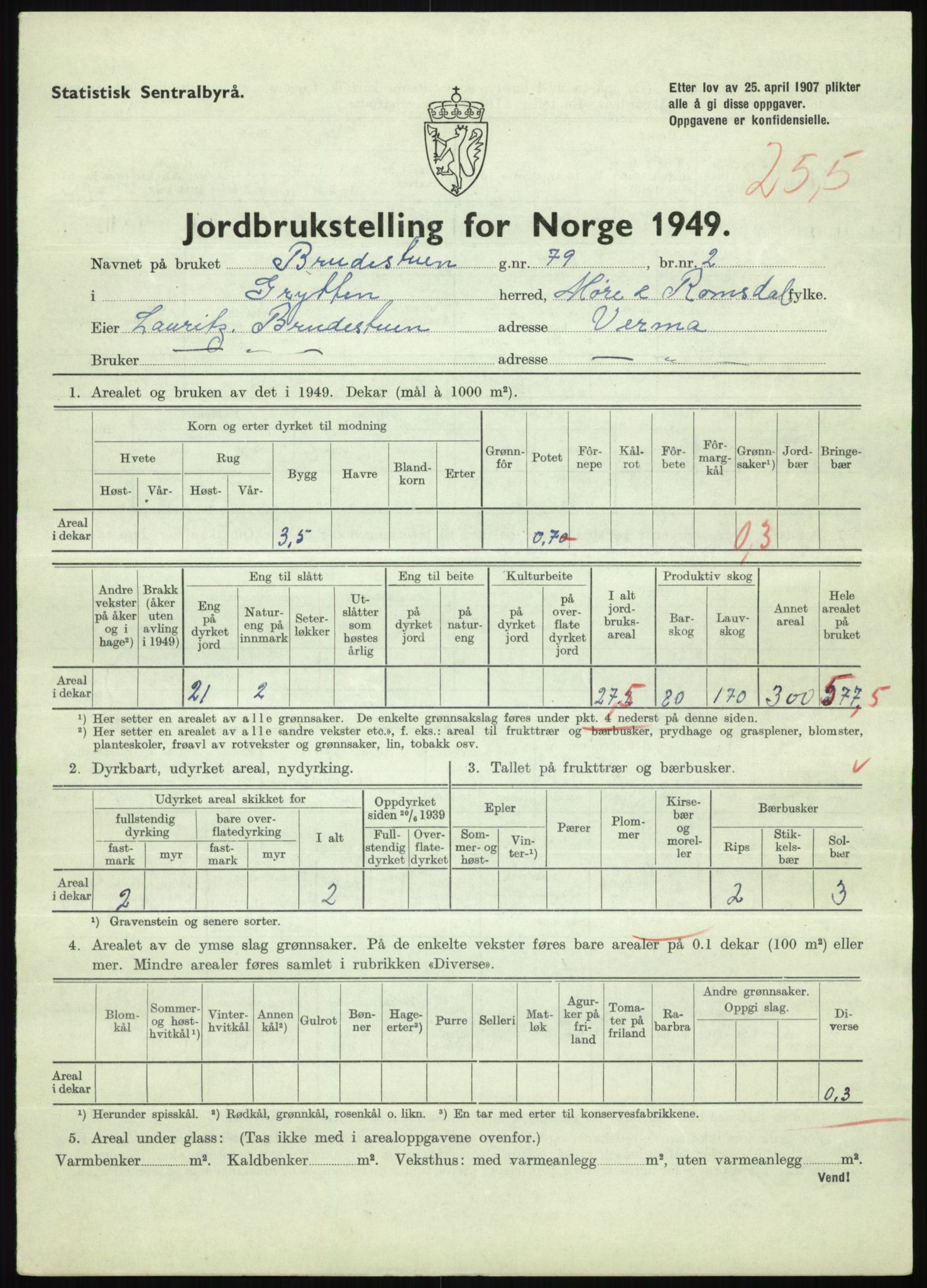 Statistisk sentralbyrå, Næringsøkonomiske emner, Jordbruk, skogbruk, jakt, fiske og fangst, AV/RA-S-2234/G/Gc/L0323: Møre og Romsdal: Grytten og Hen, 1949, s. 203