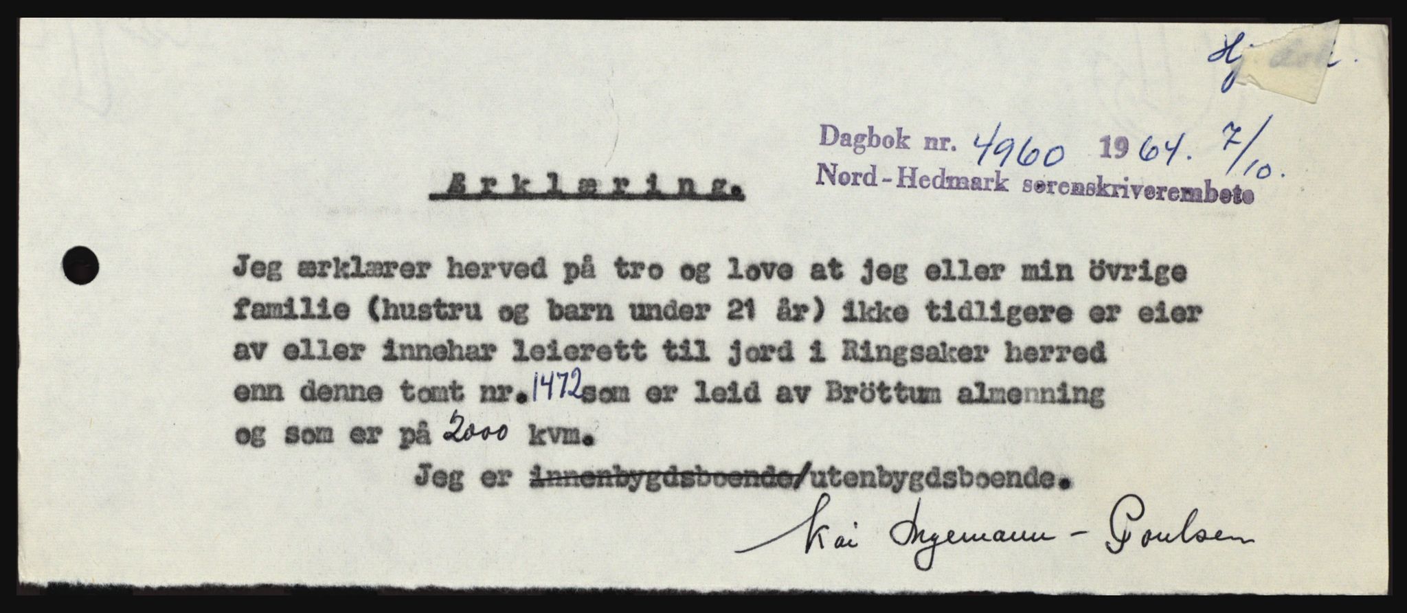 Nord-Hedmark sorenskriveri, SAH/TING-012/H/Hc/L0020: Pantebok nr. 20, 1964-1964, Dagboknr: 4960/1964