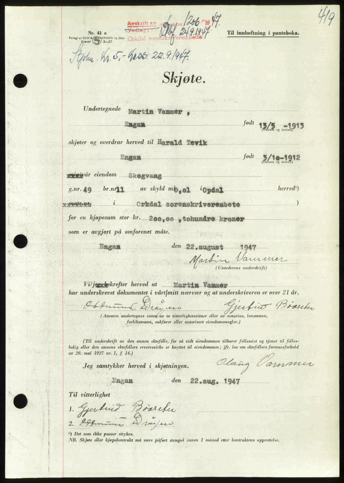 Orkdal sorenskriveri, AV/SAT-A-4169/1/2/2C: Pantebok nr. A, 1947-1947, Dagboknr: 1206/1947