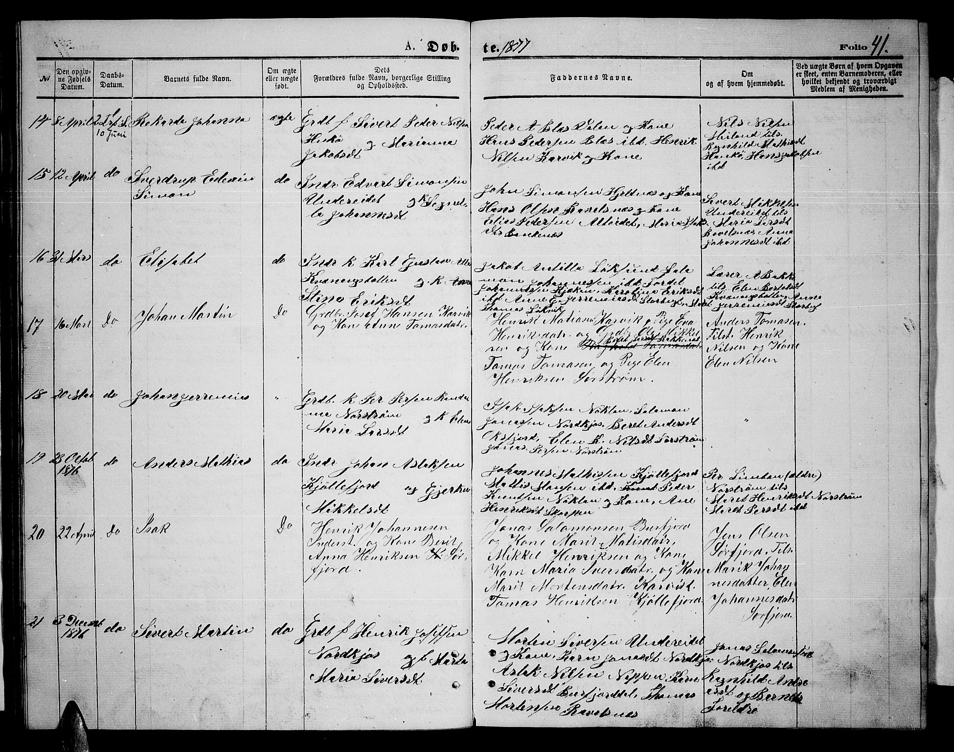 Skjervøy sokneprestkontor, AV/SATØ-S-1300/H/Ha/Hab/L0014klokker: Klokkerbok nr. 14, 1871-1877, s. 41