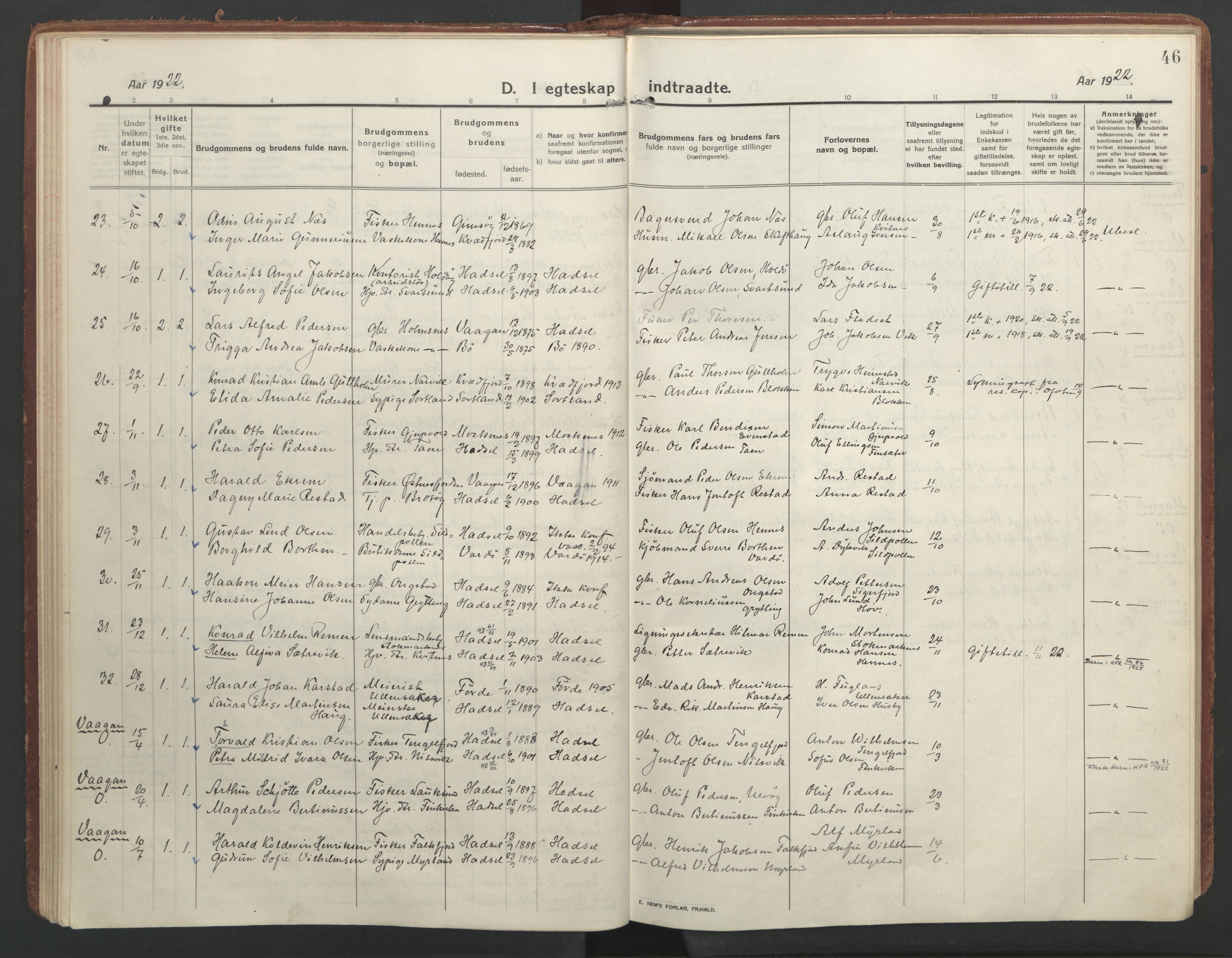 Ministerialprotokoller, klokkerbøker og fødselsregistre - Nordland, AV/SAT-A-1459/888/L1251: Ministerialbok nr. 888A17, 1913-1925, s. 46