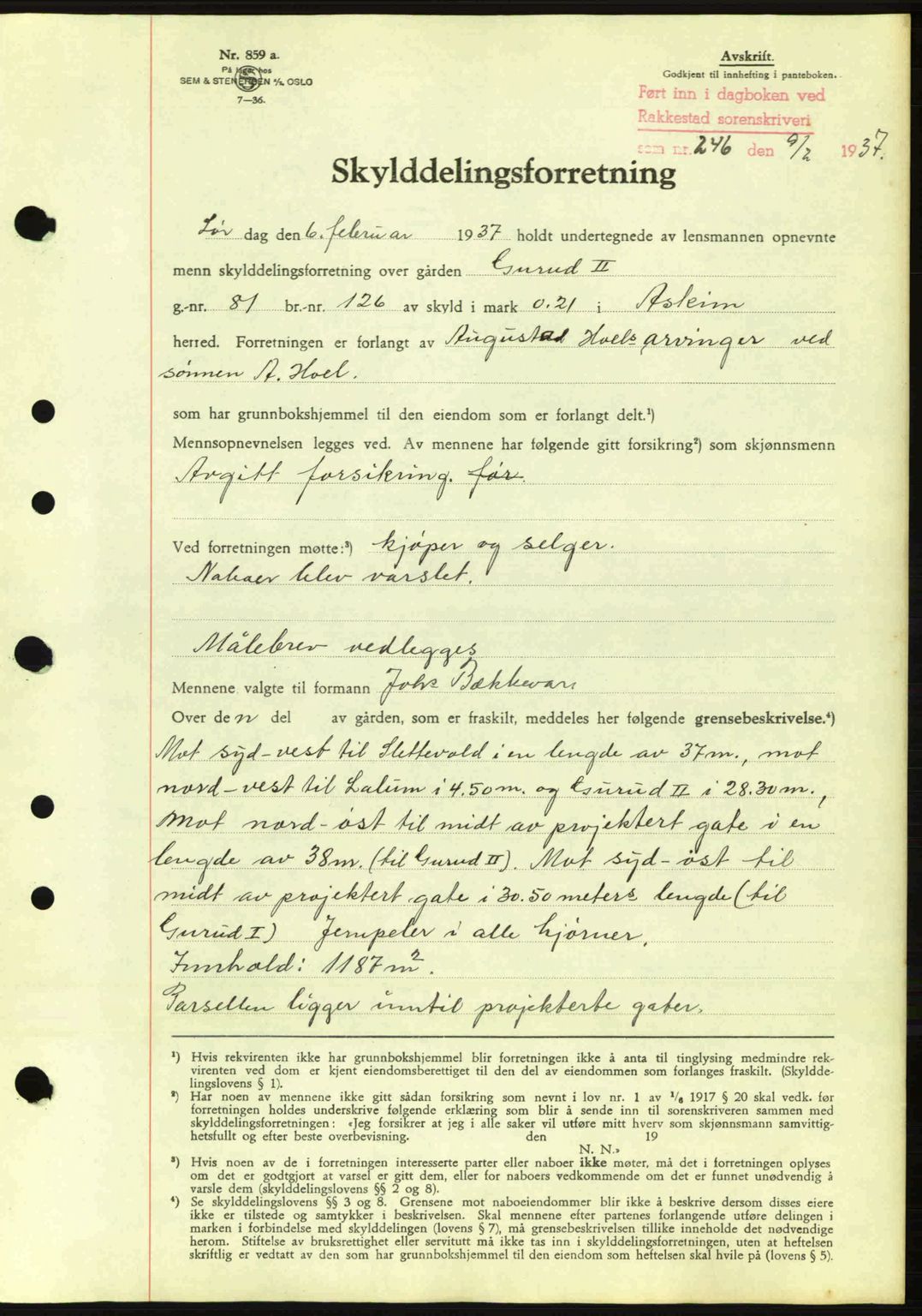 Rakkestad sorenskriveri, SAO/A-10686/G/Gb/Gba/Gbab/L0001: Pantebok nr. A1, 1936-1937, Dagboknr: 246/1937