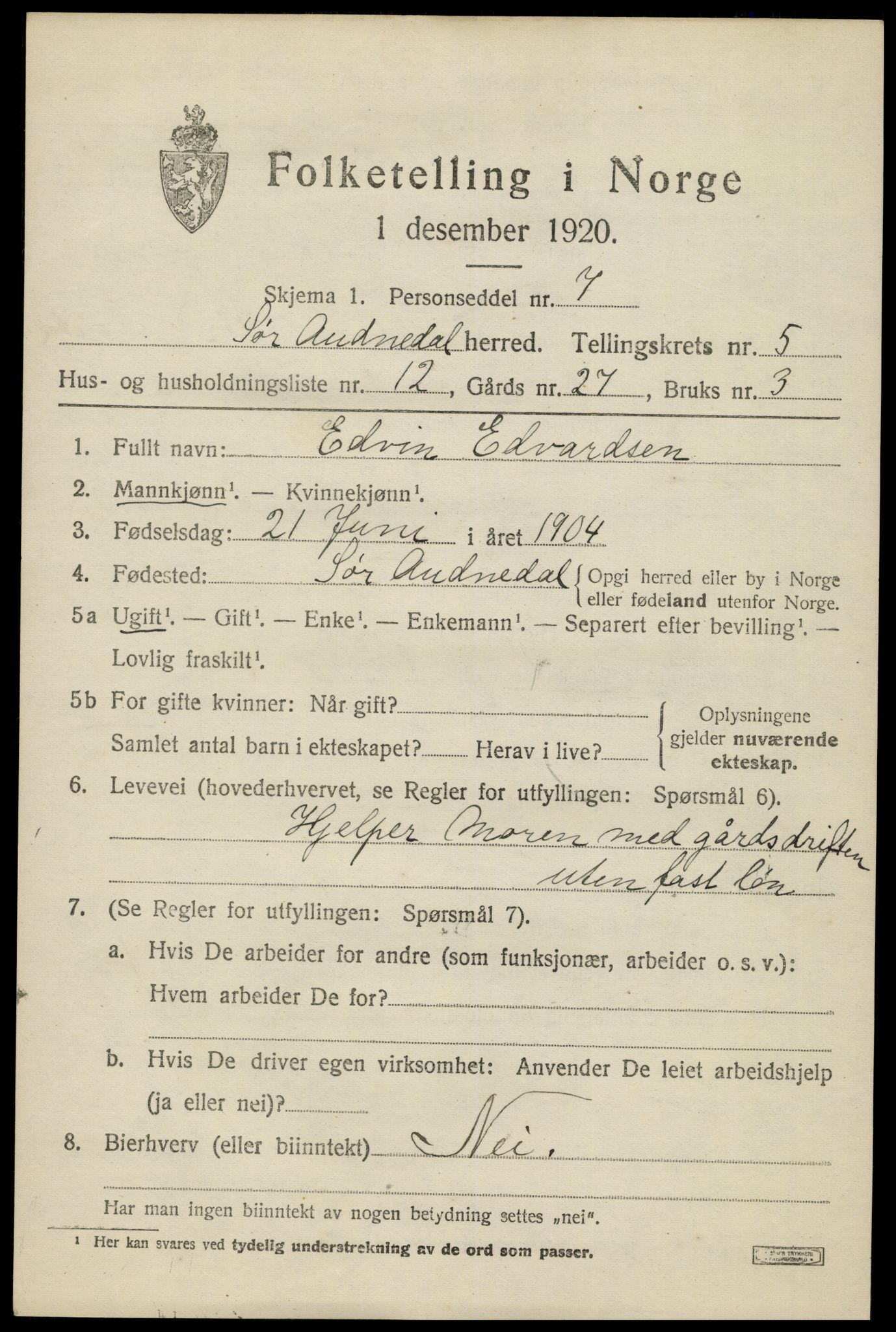 SAK, Folketelling 1920 for 1029 Sør-Audnedal herred, 1920, s. 2627