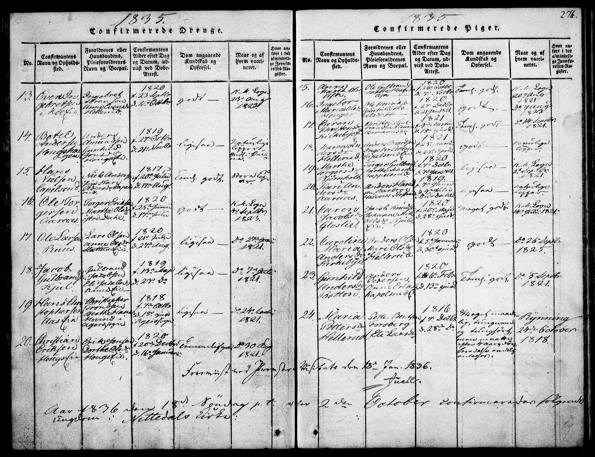 Nittedal prestekontor Kirkebøker, SAO/A-10365a/F/Fa/L0003: Ministerialbok nr. I 3, 1814-1836, s. 276