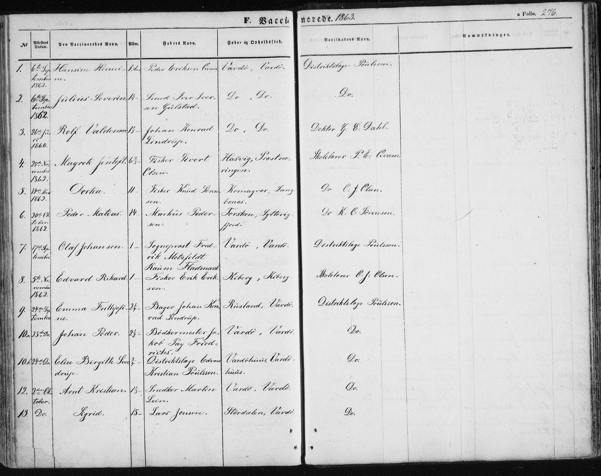 Vardø sokneprestkontor, AV/SATØ-S-1332/H/Ha/L0004kirke: Ministerialbok nr. 4, 1862-1871, s. 276