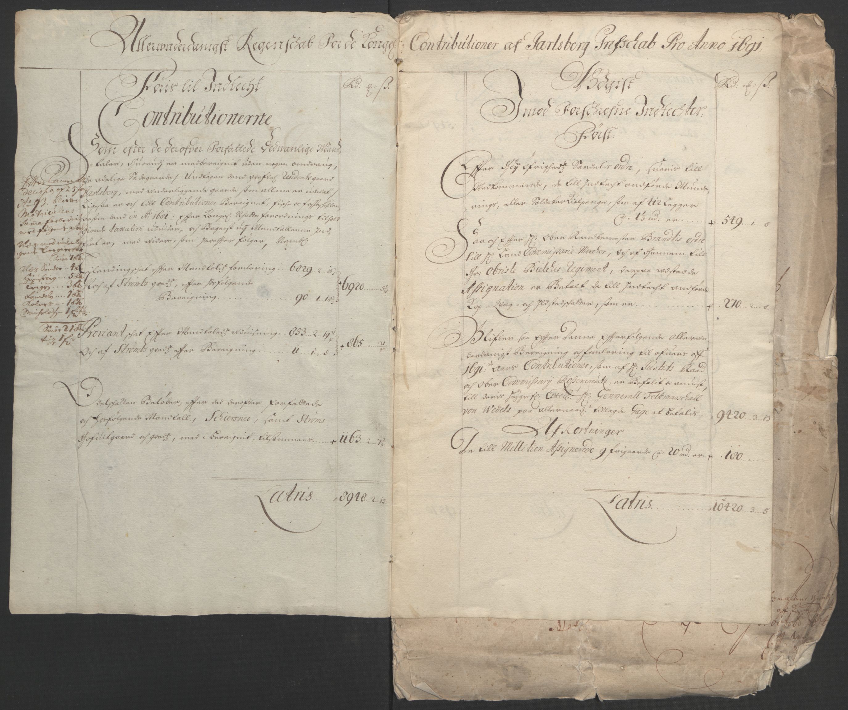 Rentekammeret inntil 1814, Reviderte regnskaper, Fogderegnskap, RA/EA-4092/R32/L1864: Fogderegnskap Jarlsberg grevskap, 1691, s. 4