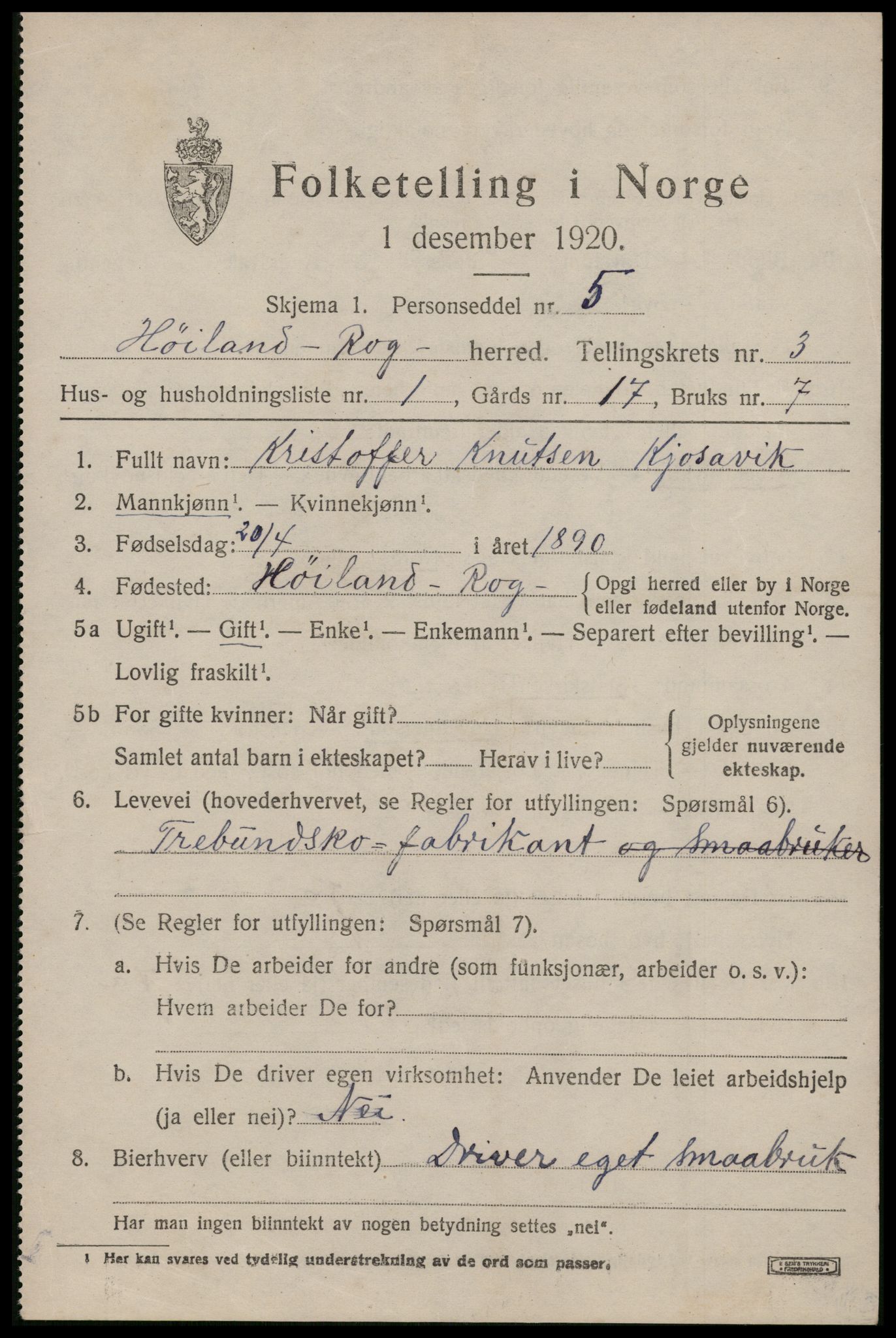 SAST, Folketelling 1920 for 1123 Høyland herred, 1920, s. 3022