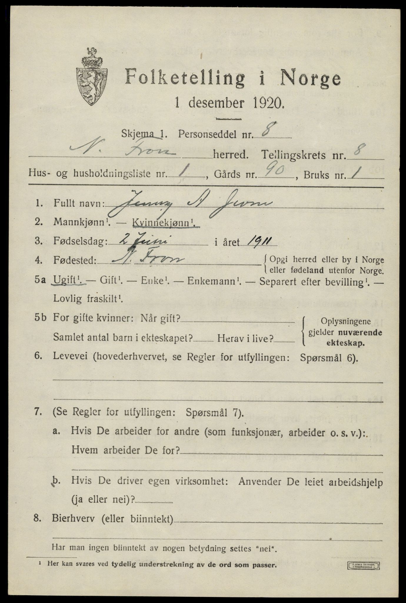 SAH, Folketelling 1920 for 0518 Nord-Fron herred, 1920, s. 6688