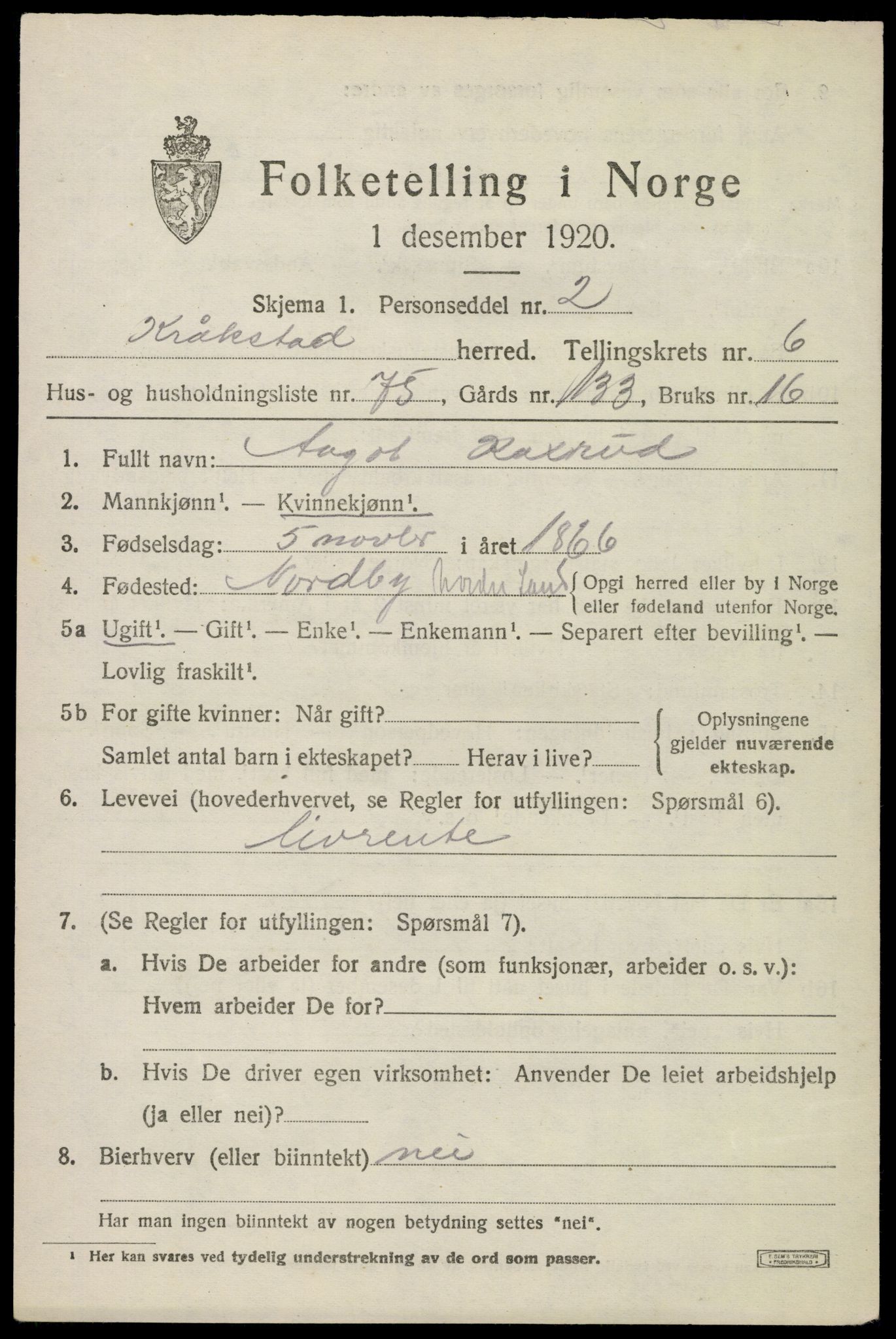 SAO, Folketelling 1920 for 0212 Kråkstad herred, 1920, s. 6885