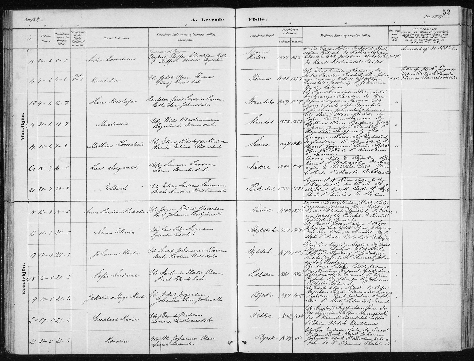 Ministerialprotokoller, klokkerbøker og fødselsregistre - Møre og Romsdal, AV/SAT-A-1454/515/L0215: Klokkerbok nr. 515C02, 1884-1906, s. 52