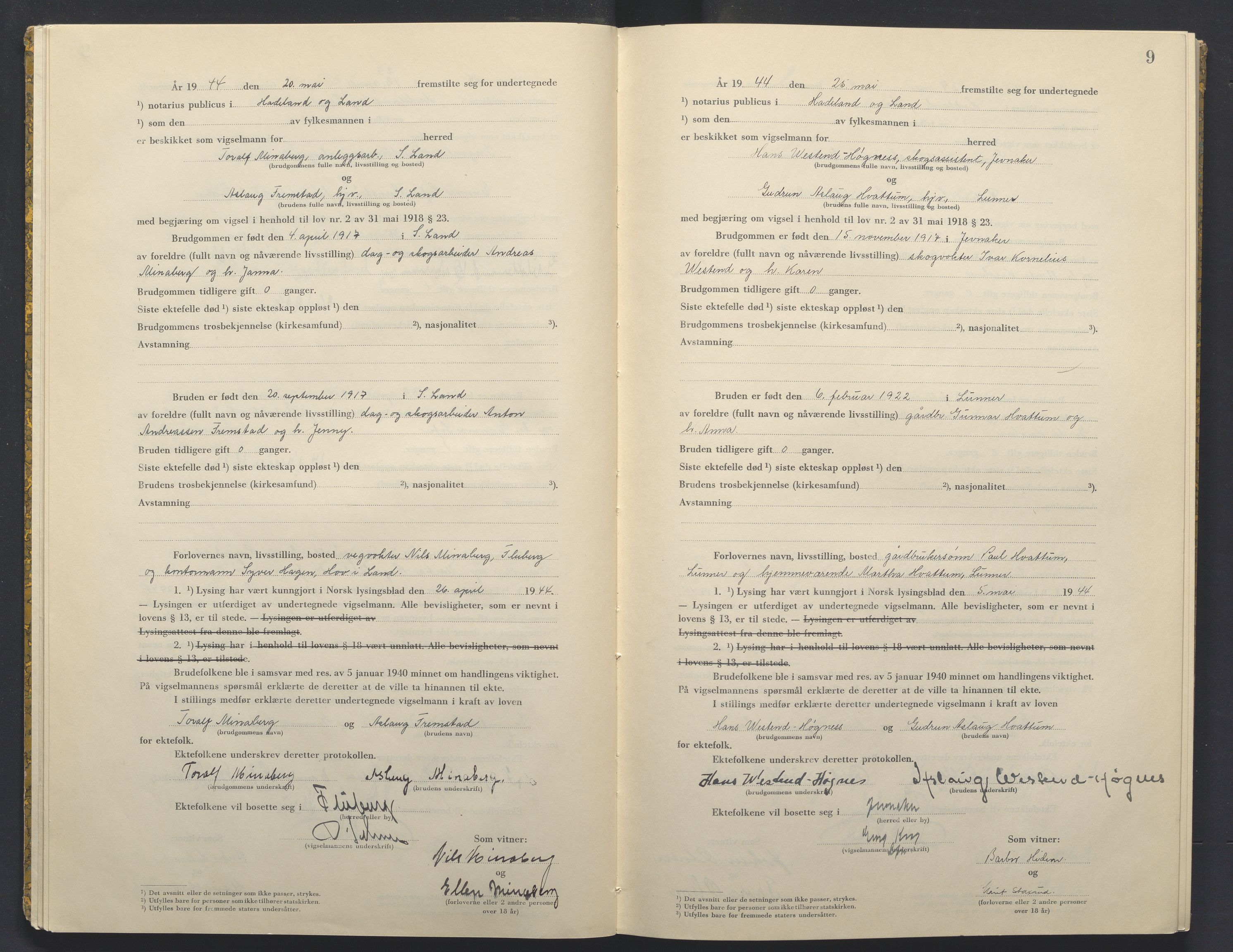 Hadeland og Land tingrett, AV/SAH-TING-010/L/Lb/L0003: Vigselbok, 1944-1946, s. 9