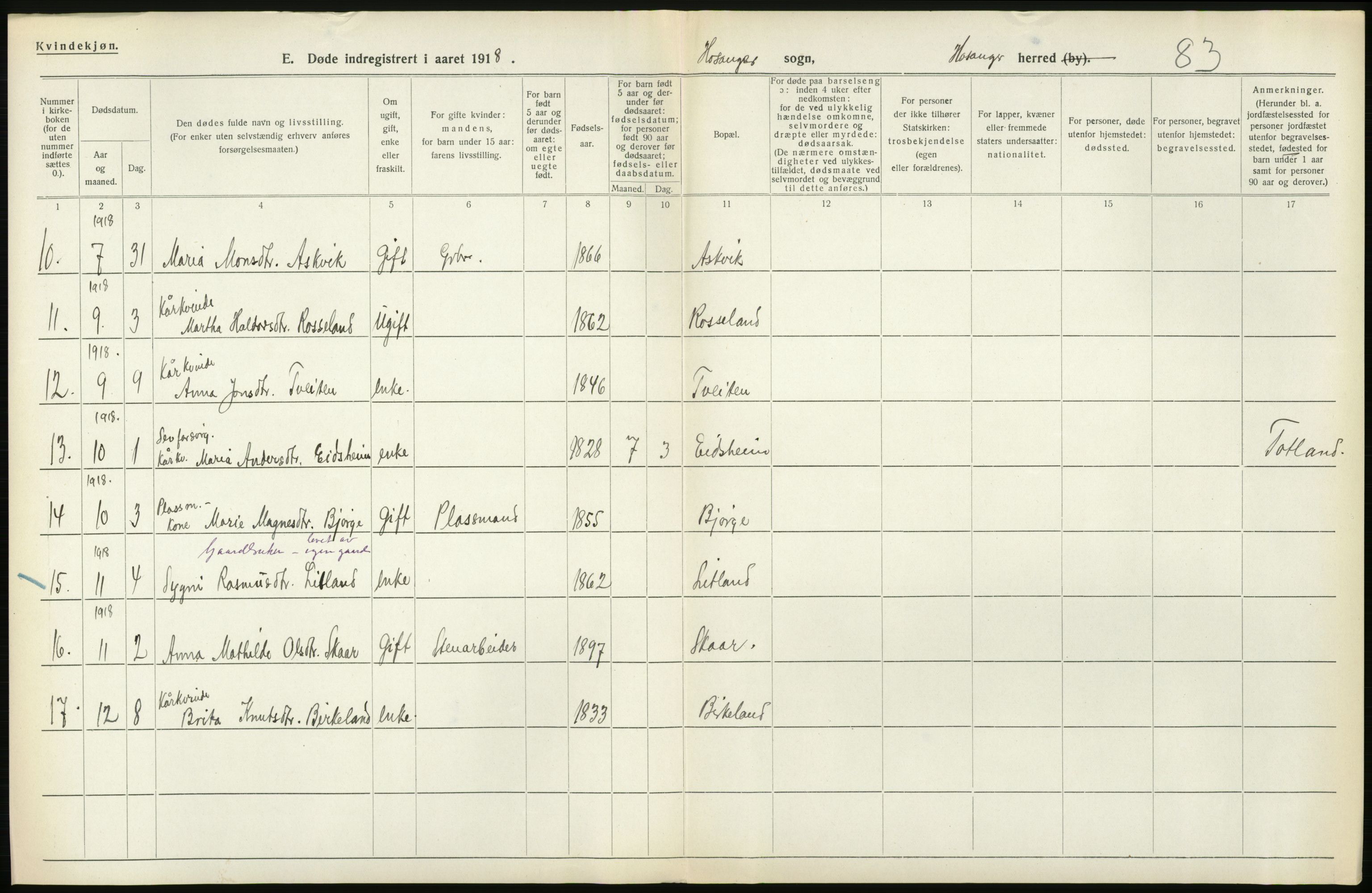 Statistisk sentralbyrå, Sosiodemografiske emner, Befolkning, AV/RA-S-2228/D/Df/Dfb/Dfbh/L0036: Hordaland fylke: Døde., 1918, s. 550