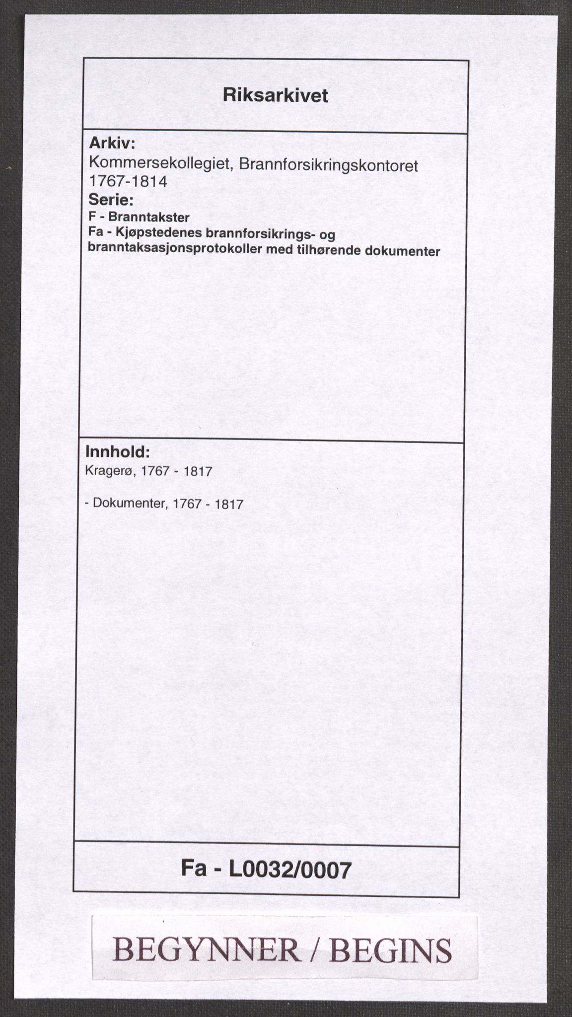 Kommersekollegiet, Brannforsikringskontoret 1767-1814, RA/EA-5458/F/Fa/L0032/0007: Kragerø / Dokumenter, 1767-1817