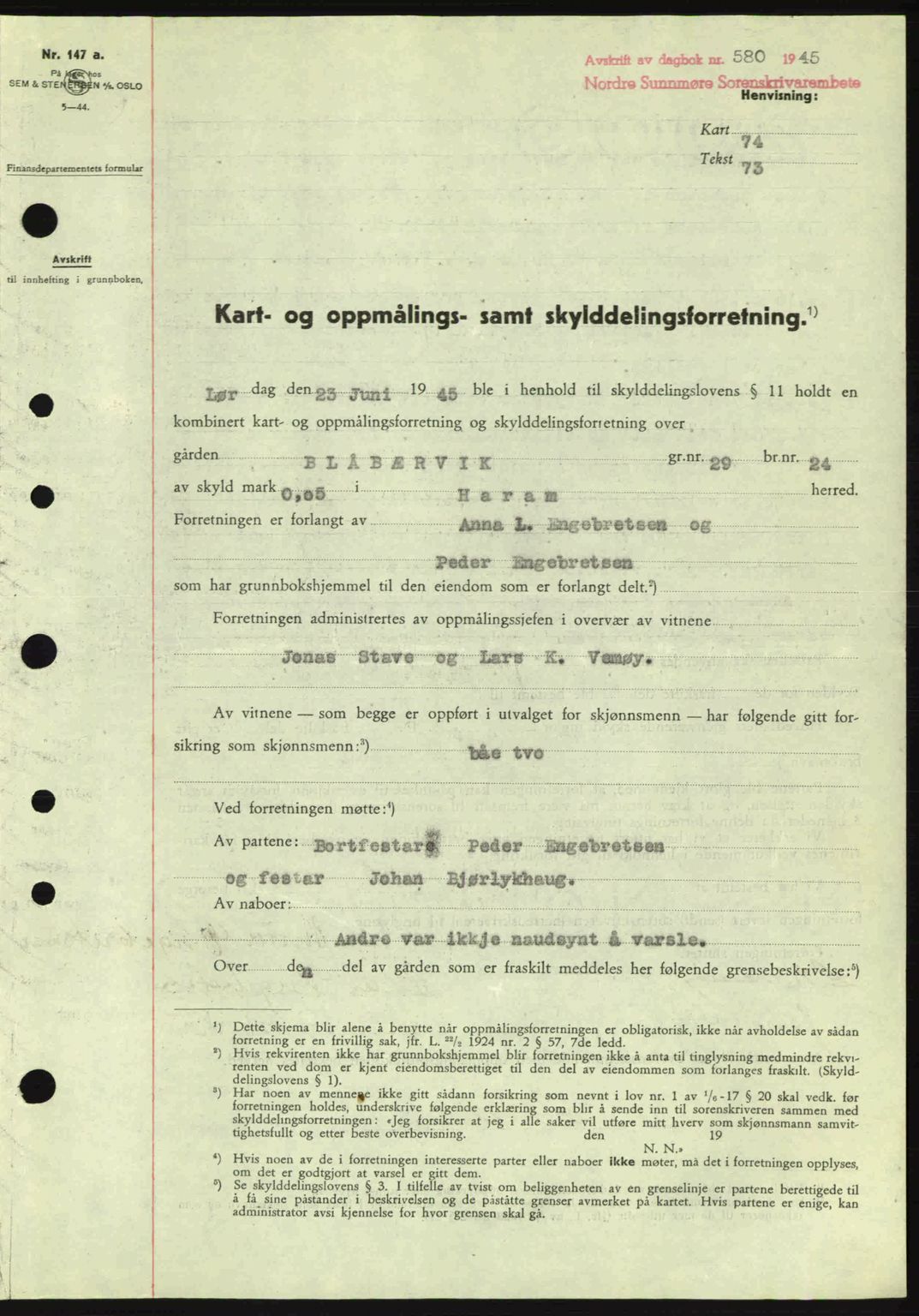 Nordre Sunnmøre sorenskriveri, SAT/A-0006/1/2/2C/2Ca: Pantebok nr. A19, 1944-1945, Dagboknr: 580/1945