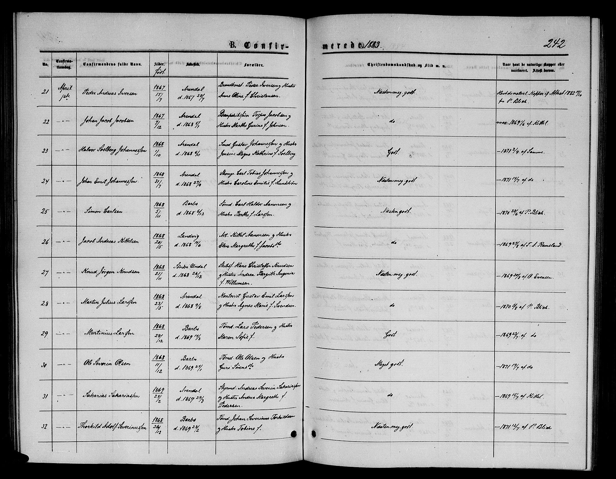 Arendal sokneprestkontor, Trefoldighet, AV/SAK-1111-0040/F/Fb/L0005: Klokkerbok nr. B 5, 1874-1888, s. 242