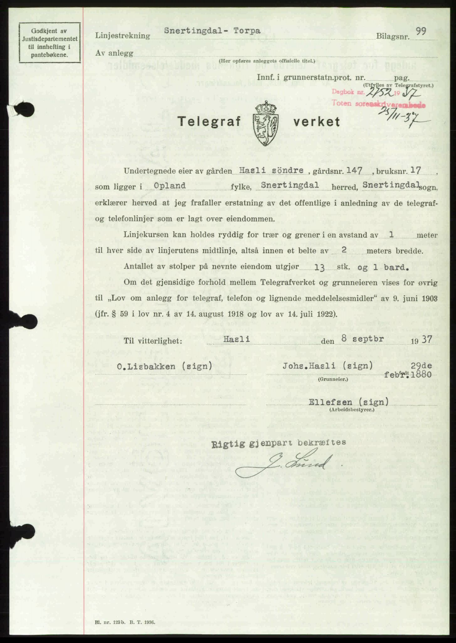 Toten tingrett, SAH/TING-006/H/Hb/Hbc/L0003: Pantebok nr. Hbc-03, 1937-1938, Dagboknr: 2752/1937