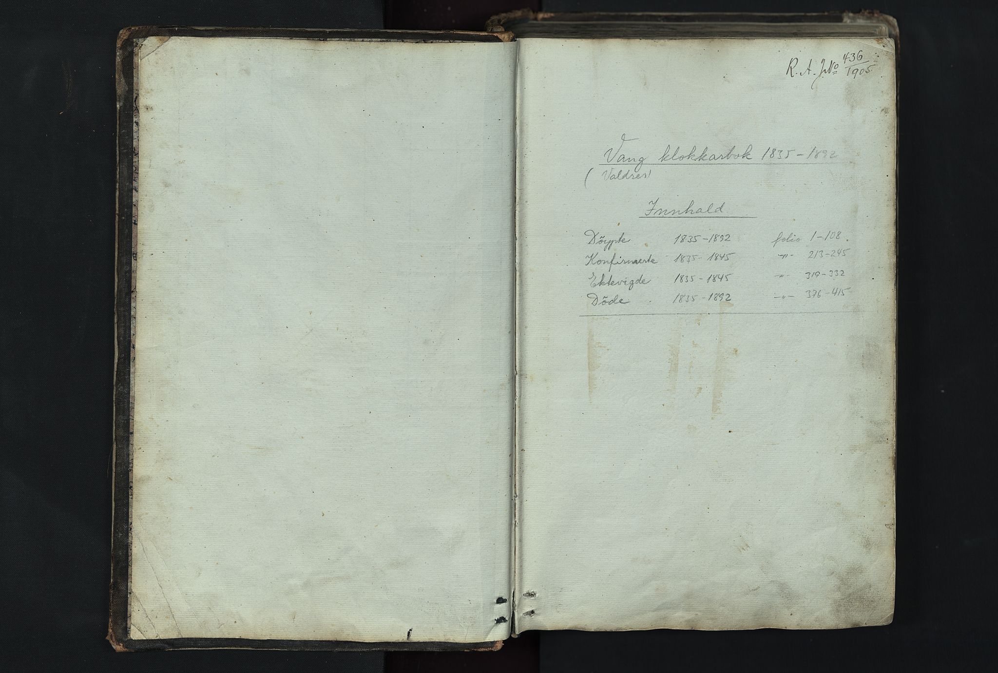 Vang prestekontor, Valdres, AV/SAH-PREST-140/H/Hb/L0004: Klokkerbok nr. 4, 1835-1892, s. 1